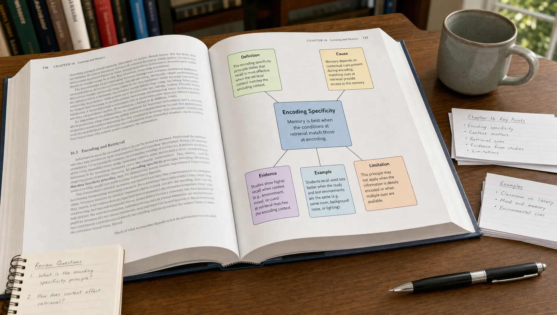 A wide landscape scene of a large open textbook spread on a table in a quiet indoor study space, with one central concept box and several linked idea cards around it for definition, cause, evidence, example, and limitation. A pen and a few note cards sit nearby, and the composition emphasizes how a dense reading becomes a clear connected structure, without showing a person at a desk.