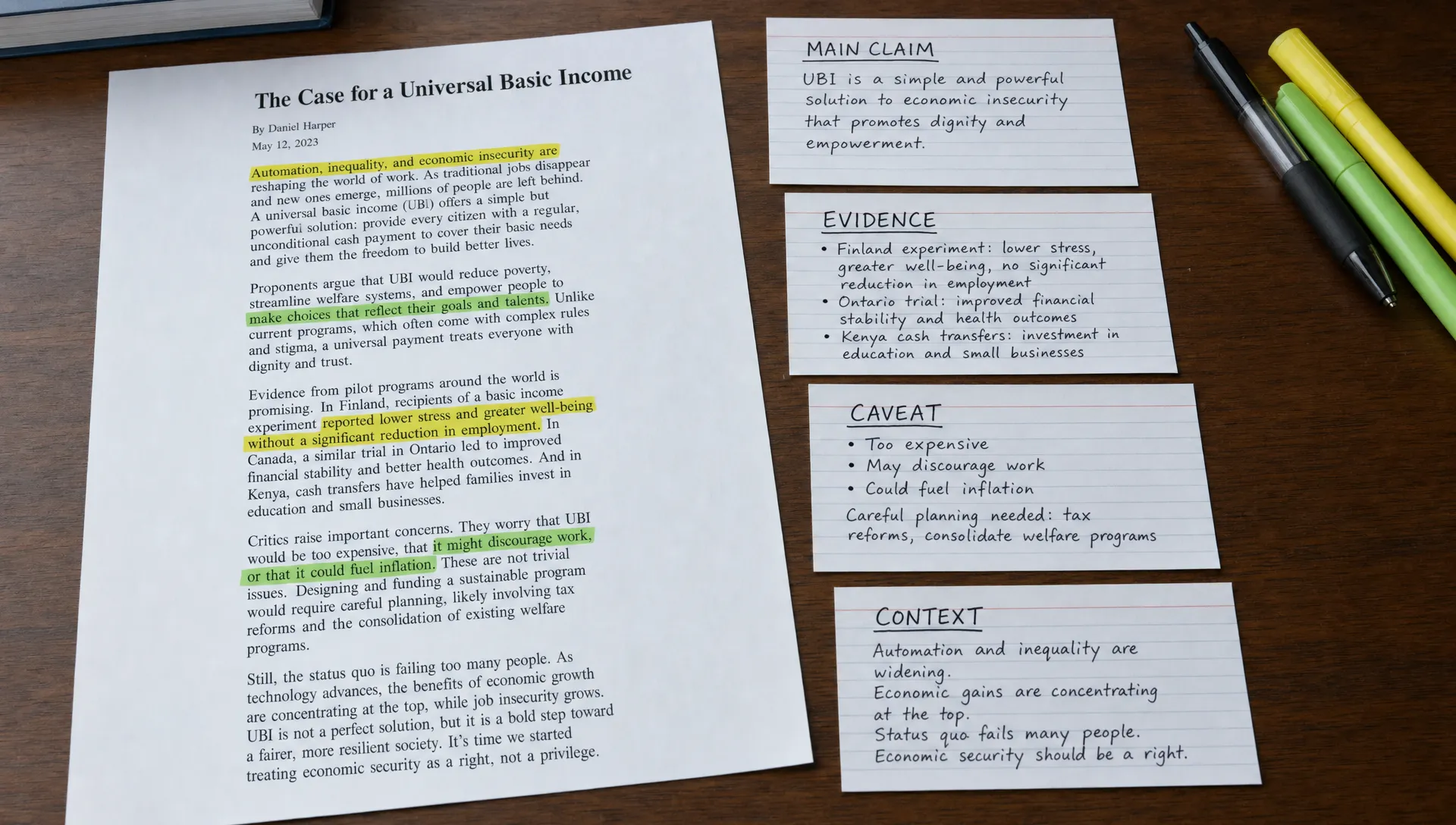 A printed long article on a desk with highlighted passages beside note cards for the main claim, evidence, caveat and context.