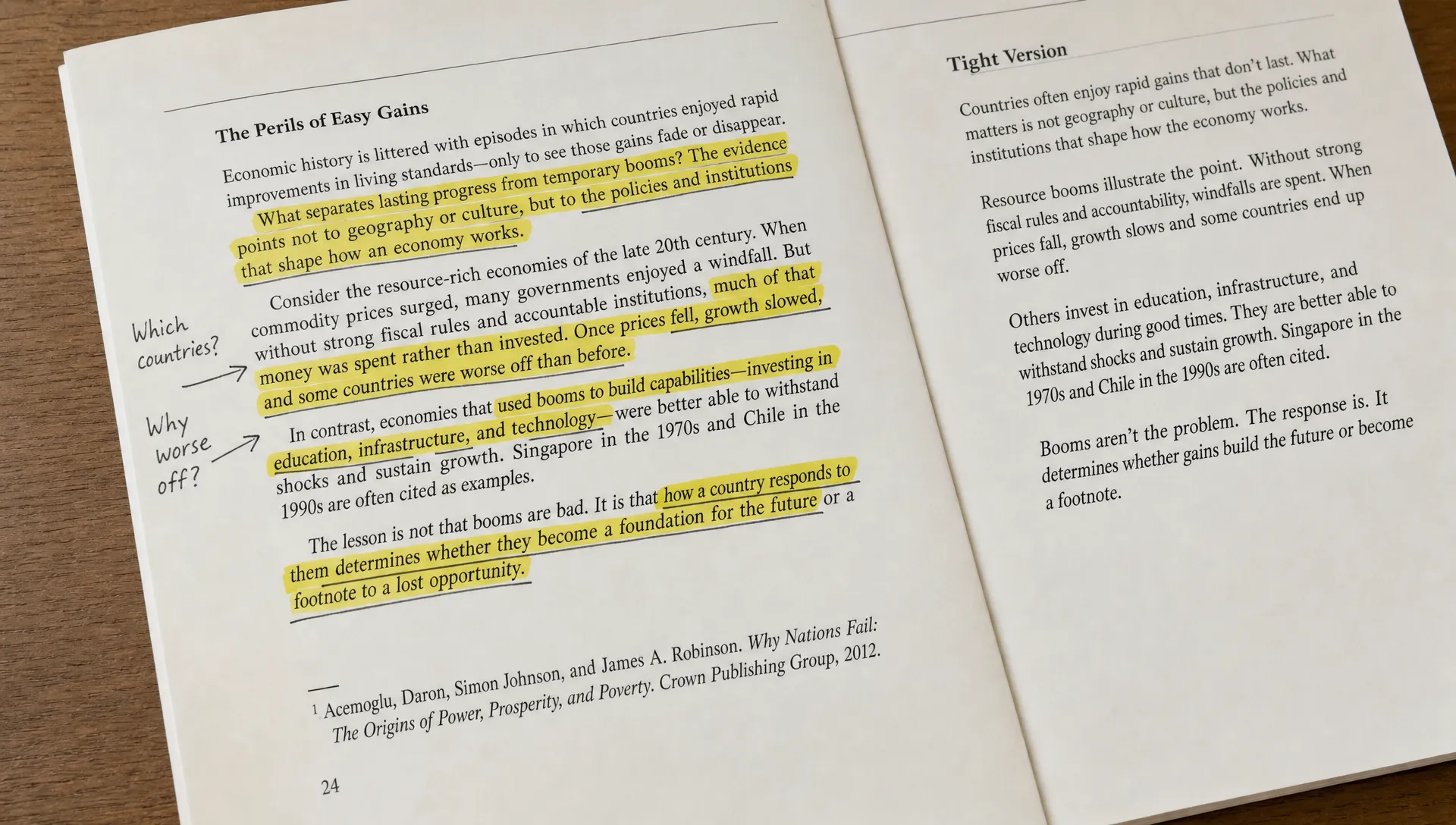Landscape close-up of a printed article section with several lines highlighted, a margin showing short handwritten questions, and a second page partially visible with a tighter rewritten version of the same passage. The table surface, page edges, and annotation marks are the main focus, making the source text and its nuanced rewrite feel grounded in a real reading workflow.