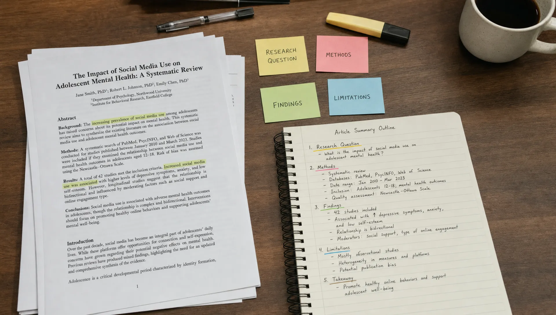 A quiet desk with printed academic article pages, highlighted sections, sticky notes labeled research question, methods, findings, and limitations, and a notebook showing a concise summary outline from a slightly overhead angle.