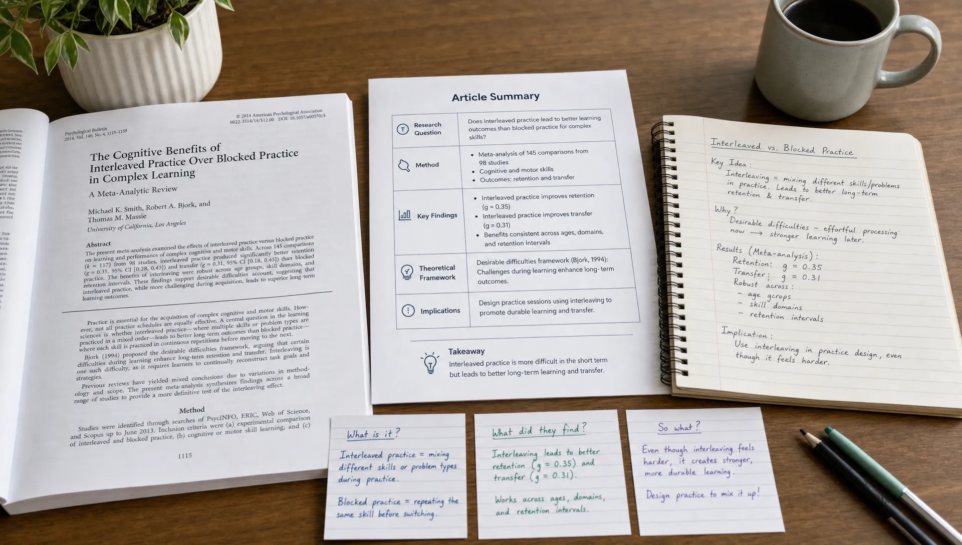 A wide landscape scene in a quiet study setting with a printed academic article laid open beside a simple structured summary sheet, a notebook, and a few note cards arranged to show the progression from dense paper to clear understanding; the composition should feel analytical and calm, with the article, notes, and summary laid out side by side from a slightly elevated angle.