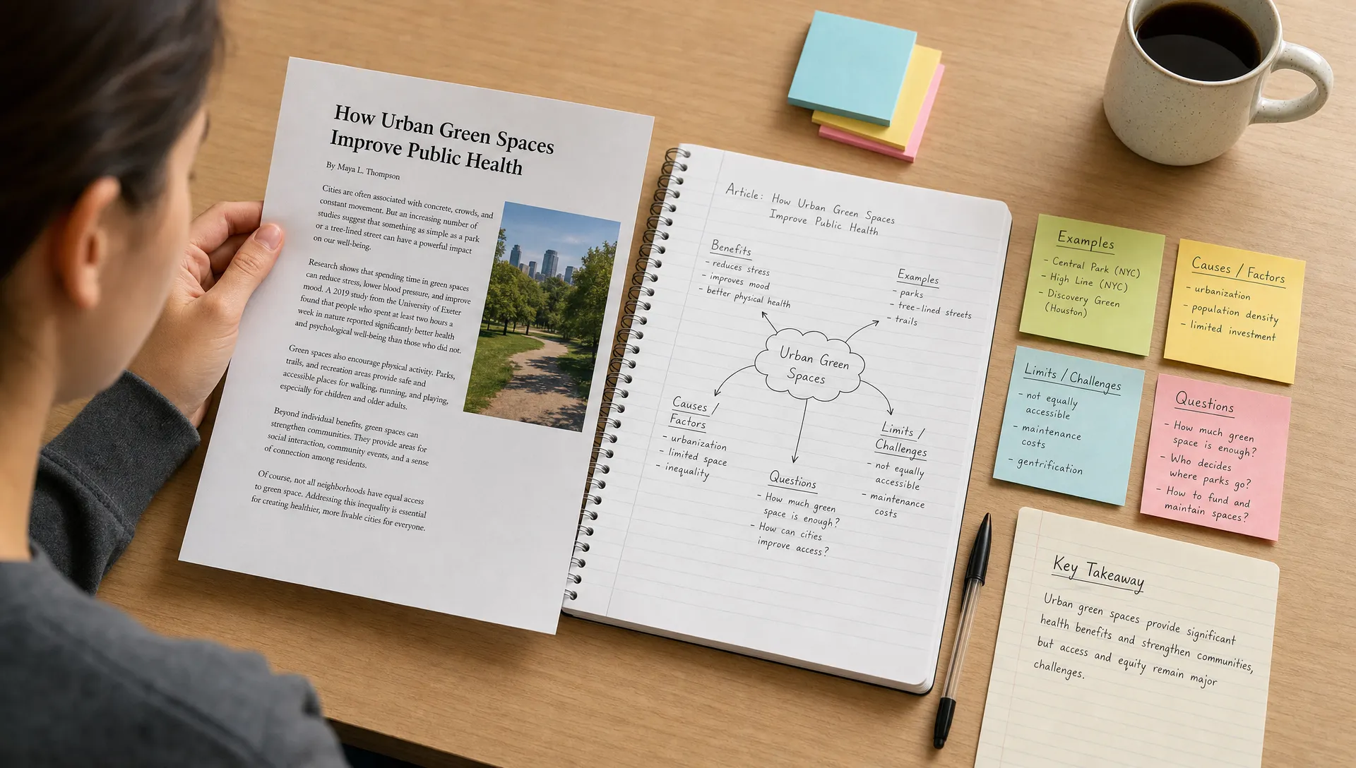 A learner reviews a printed article beside handwritten notes, a simple concept map with arrows, and sticky notes that group examples, causes, limits, and questions on a quiet desk.