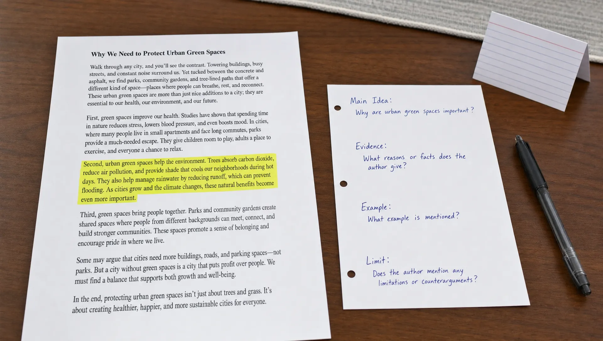 A wide landscape close-up of a single printed article page with one paragraph highlighted, next to a blank margin note sheet where the main idea, evidence, example, and limit are being organized into short handwritten prompts; a pen and one folded index card sit nearby in a quiet indoor workspace.
