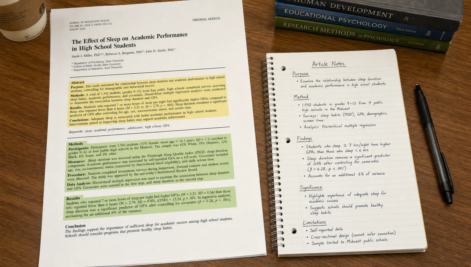 A printed research article with highlighted abstract, methods, and results sections beside handwritten notes that organize the paper into purpose, method, findings, significance, and limitations, laid out on a library table from an overhead angle.