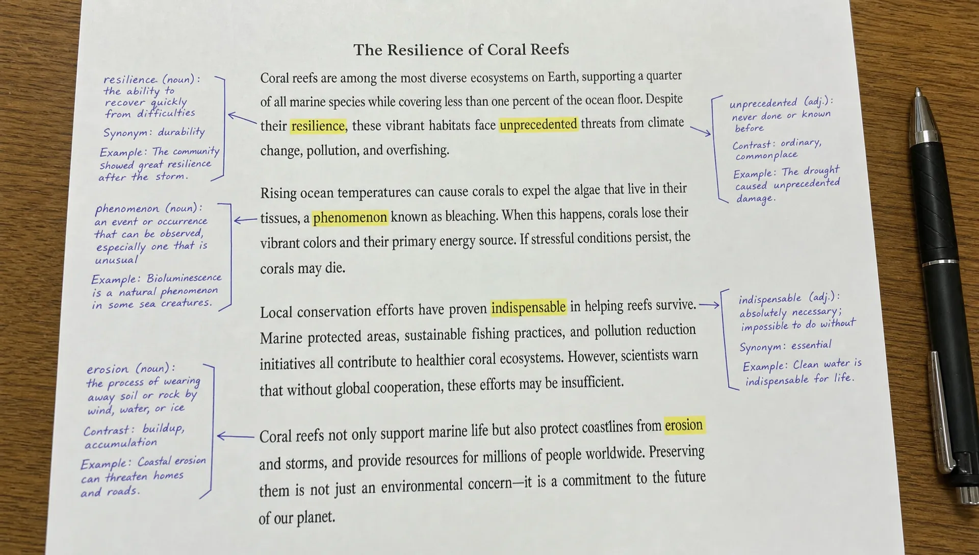 A printed article shows highlighted unfamiliar words with margin notes linking each one to nearby examples, contrasts and definitions.
