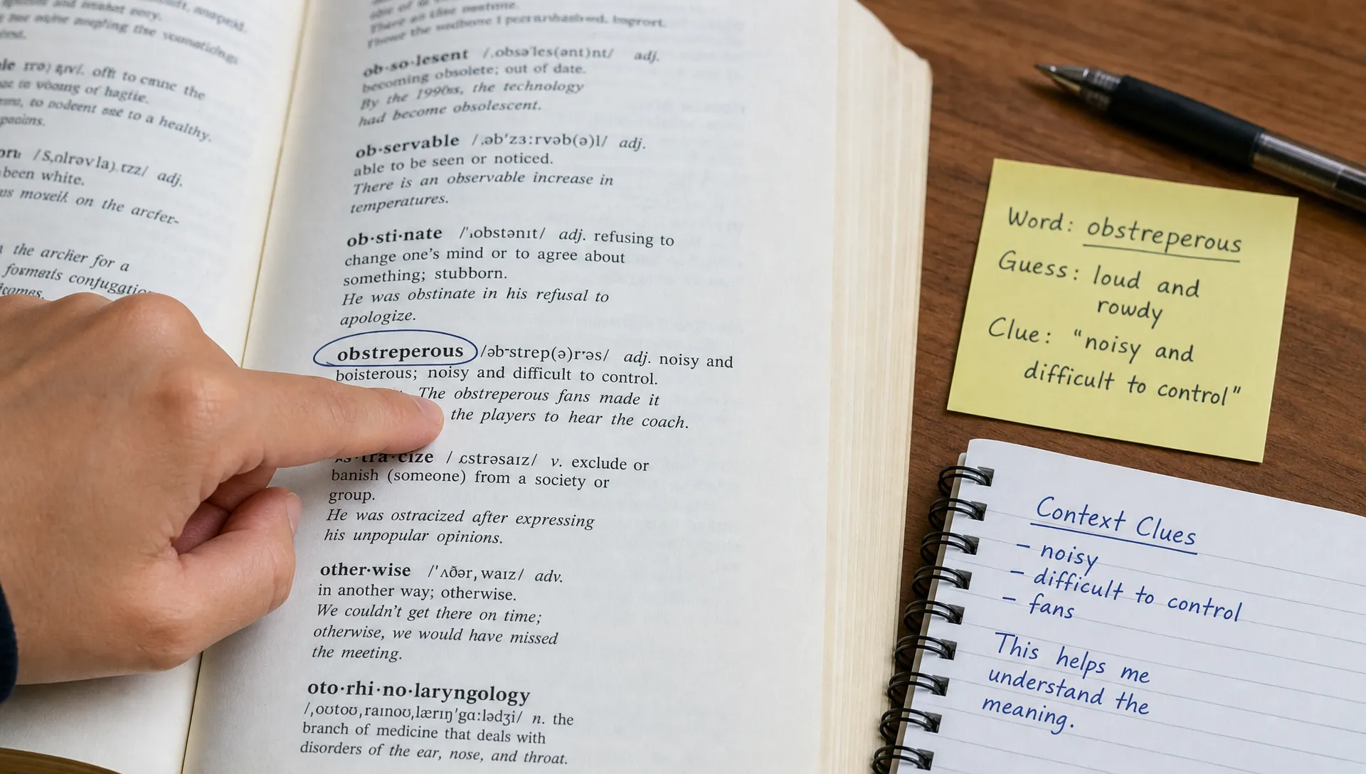 A wide landscape close-up of a dictionary entry page with one unfamiliar word circled, a finger tracing the surrounding sentence, and a small margin note showing a guessed meaning and a supporting clue; the setting is a quiet study table with just a few reference notes.