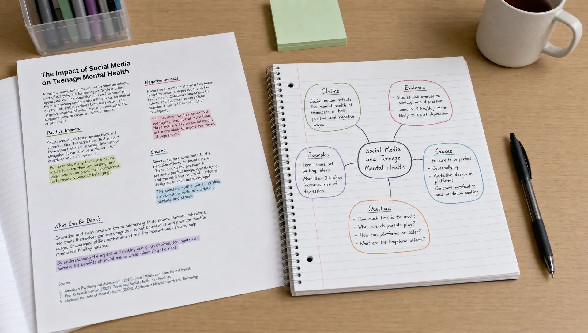 A notebook, printed article pages, and a brain map connecting claims, evidence, examples, causes, and questions on a clean study desk viewed from slightly above.