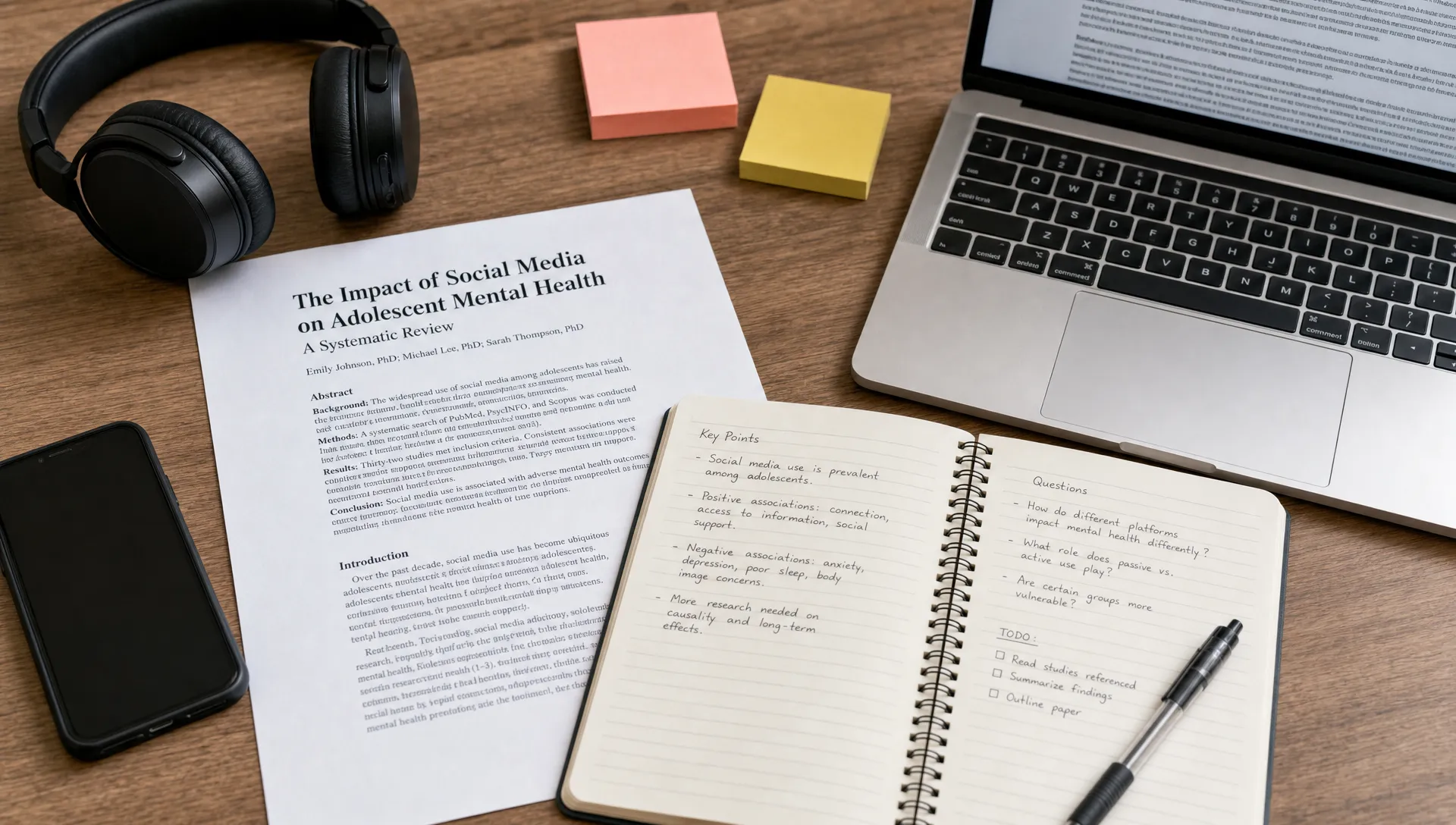 An open notebook beside a printed article, headphones, sticky notes, a phone, and a laptop suggests a focused reading session.