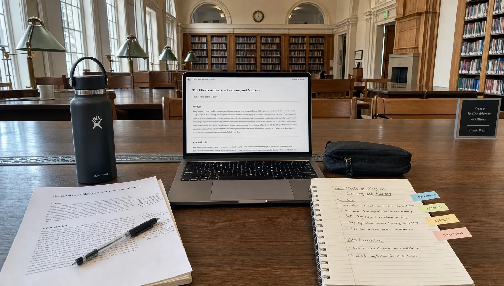 Landscape establishing shot of a quiet university library reading room with a long table, a laptop open to an article page, a printed paper, a notebook with headings, and a few reference tabs arranged for study. The room itself carries the theme of sustained comprehension and note-making.