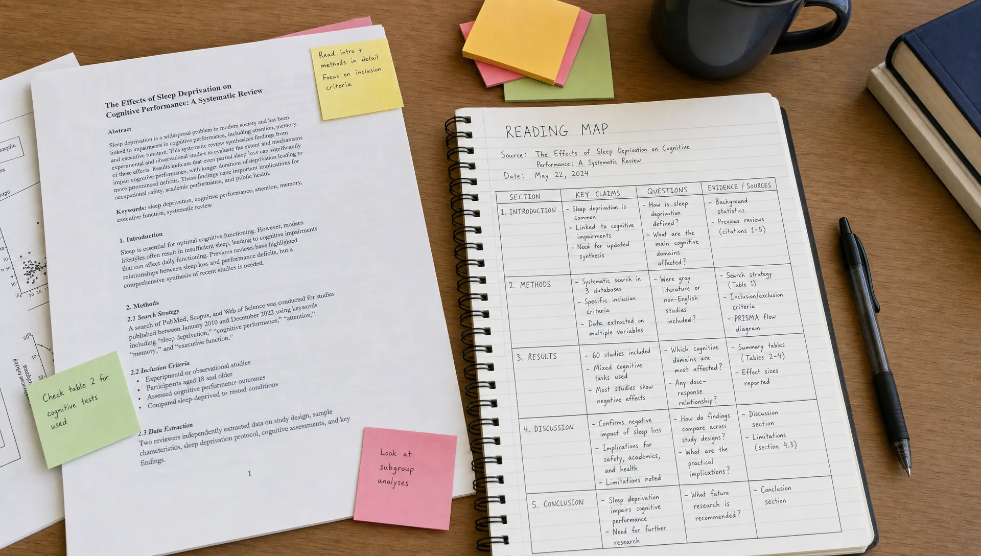 A quiet study desk with printed PDF pages, highlighted passages, sticky notes, and a notebook showing a structured reading map with sections, key claims, questions, and evidence sources, viewed from a slightly overhead angle.