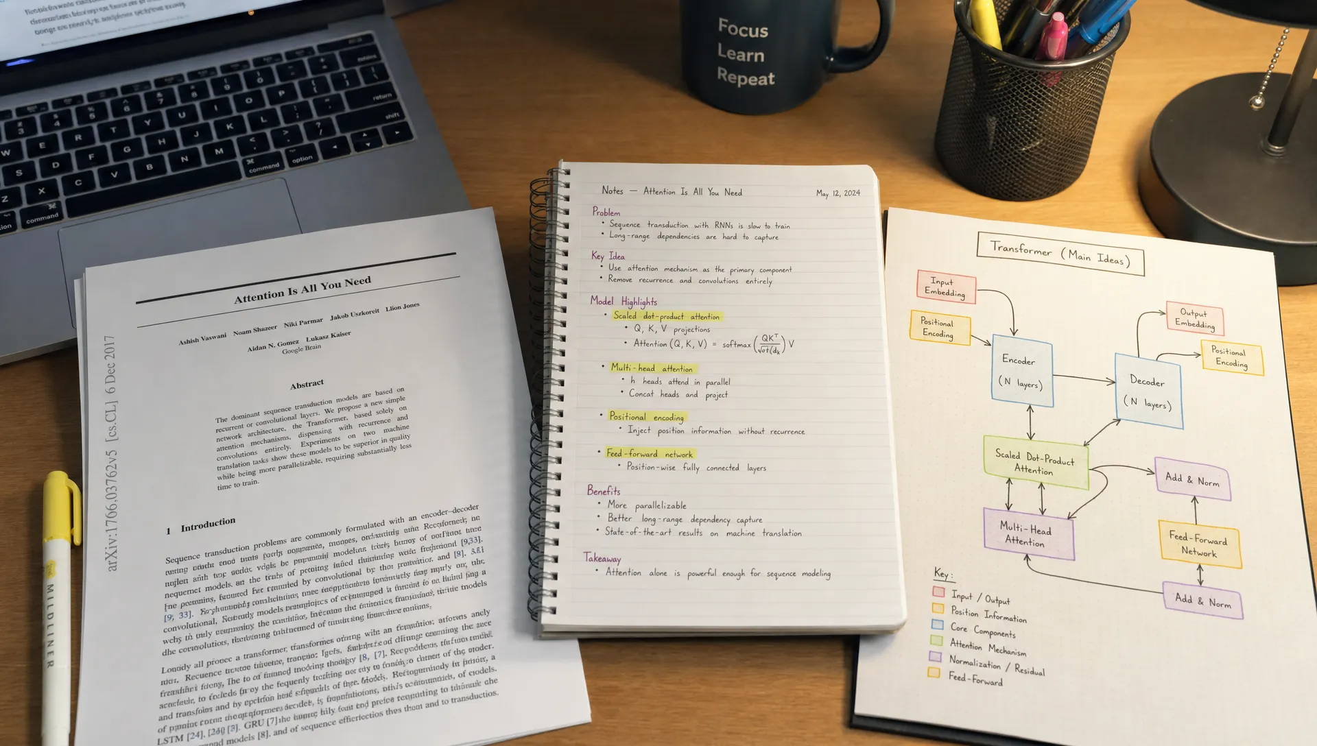 A quiet study desk with an academic paper, structured notes, highlighted passages, and a concept sketch linking the paper’s main ideas.