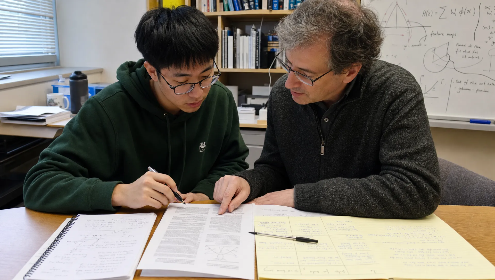 Landscape medium shot of a student and an academic mentor sitting side by side at a table, leaning over a printed paper and comparing it with handwritten notes and a simple comparison grid. The scene should show a real reading discussion about a difficult paper, with the paper and notes in the foreground and the two readers sharing attention across the table in an indoor study room.