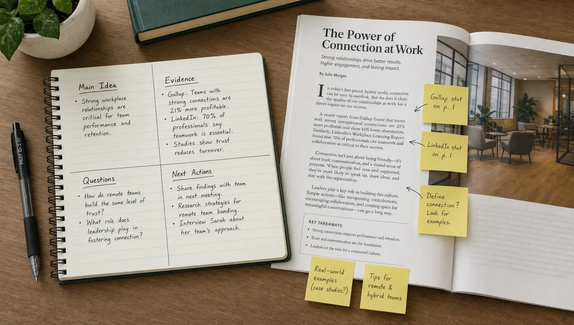A notebook divided into main idea, evidence, questions and next actions sits beside an open article and linked sticky notes.