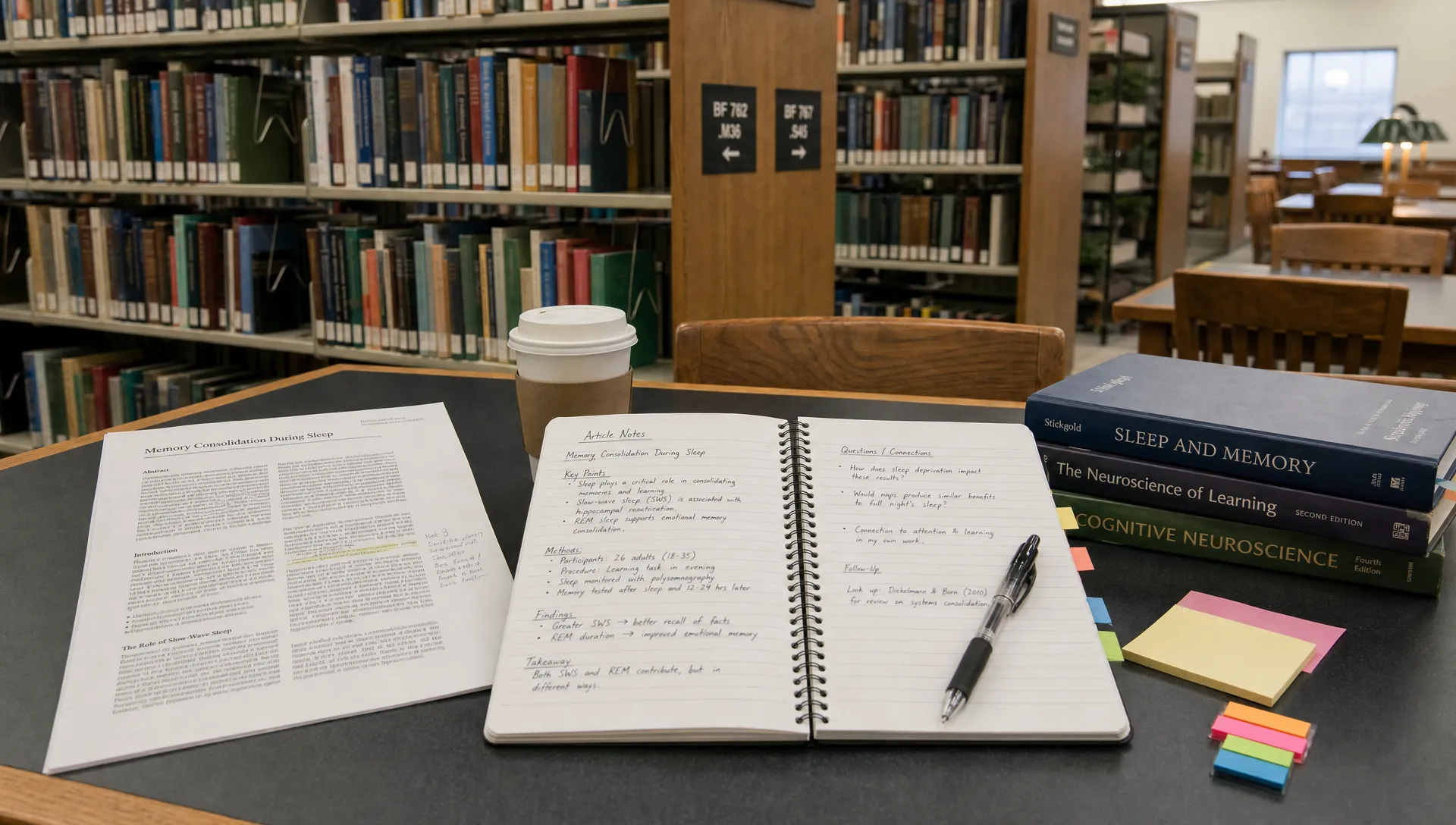 Landscape establishing shot of a quiet library study area with a reading table, a notebook template open to article notes, a printed article beside it, and a few reference tabs. The room feels practical and focused, with the workspace itself showing the transition from reading to note-making.