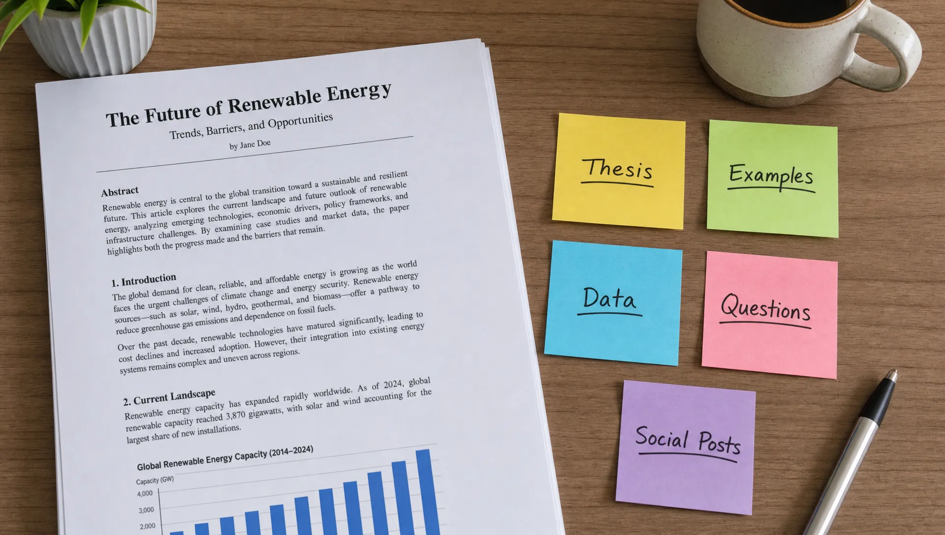 A printed article sits beside sticky notes for thesis, examples, data, questions, and social posts on a desk.