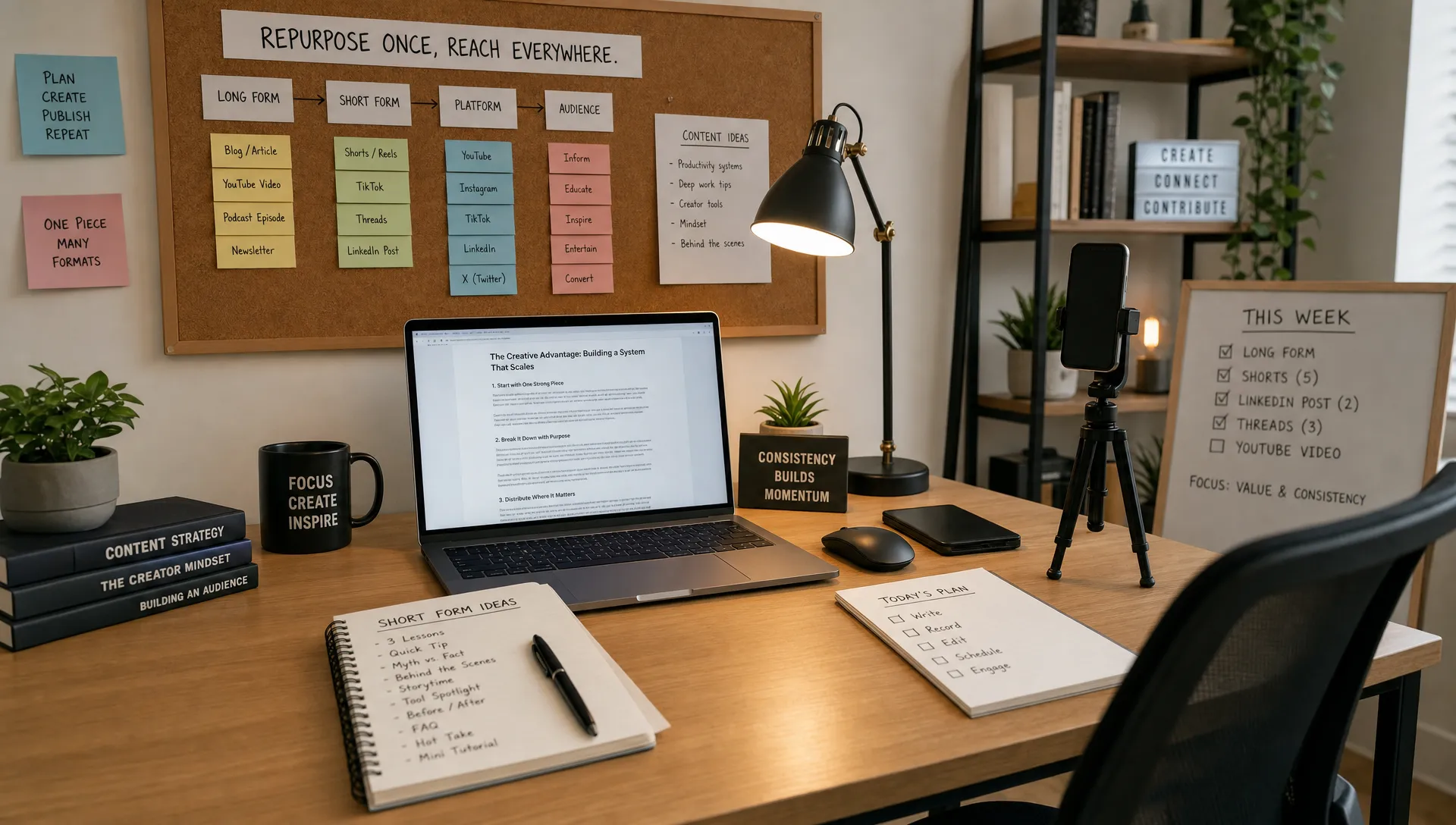 Landscape wide view of a quiet creator workspace with a laptop open to a long article draft, a notebook full of short headings, a corkboard of pinned topic notes, and a phone stand ready for short-form filming. The room should read as a practical place for repurposing content into different social formats, with the workspace itself carrying the theme and no close-up focus on any single page.
