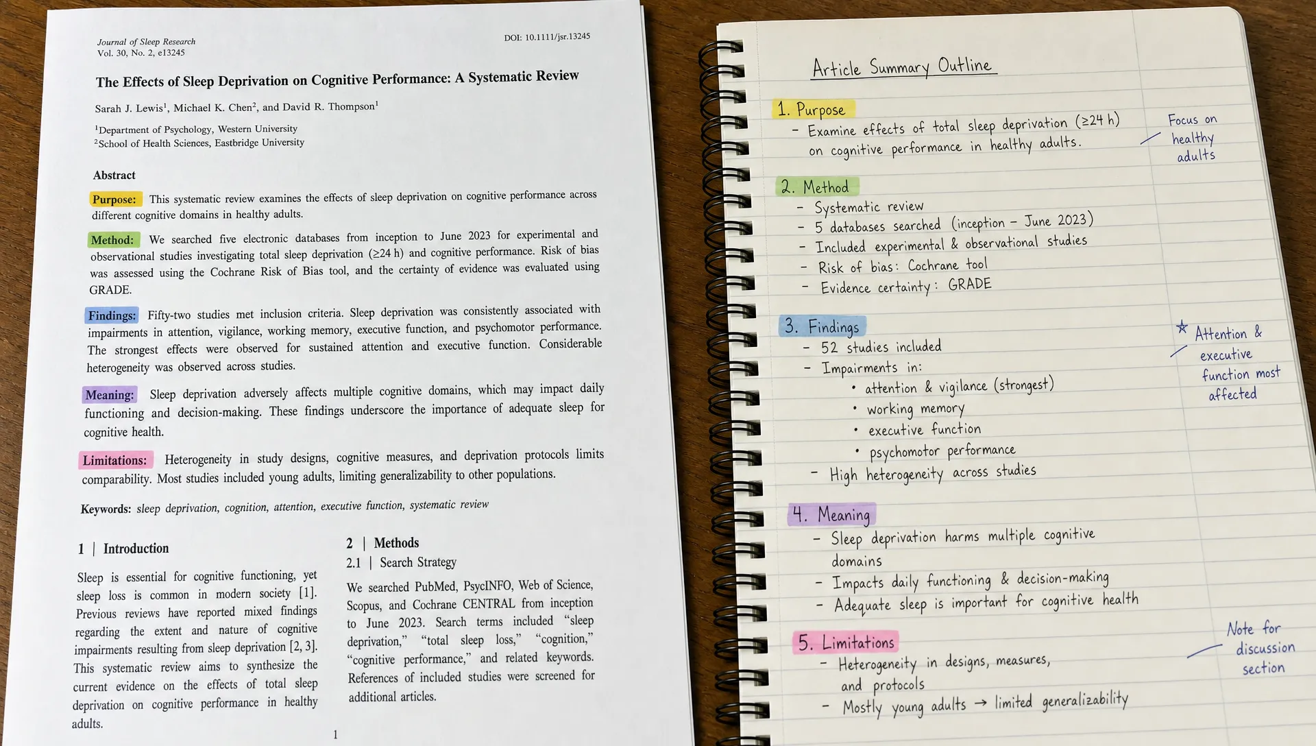 A printed research paper with highlighted sections labeled purpose, method, findings, meaning, and limitations, next to a notebook showing a concise summary outline and a few margin notes.