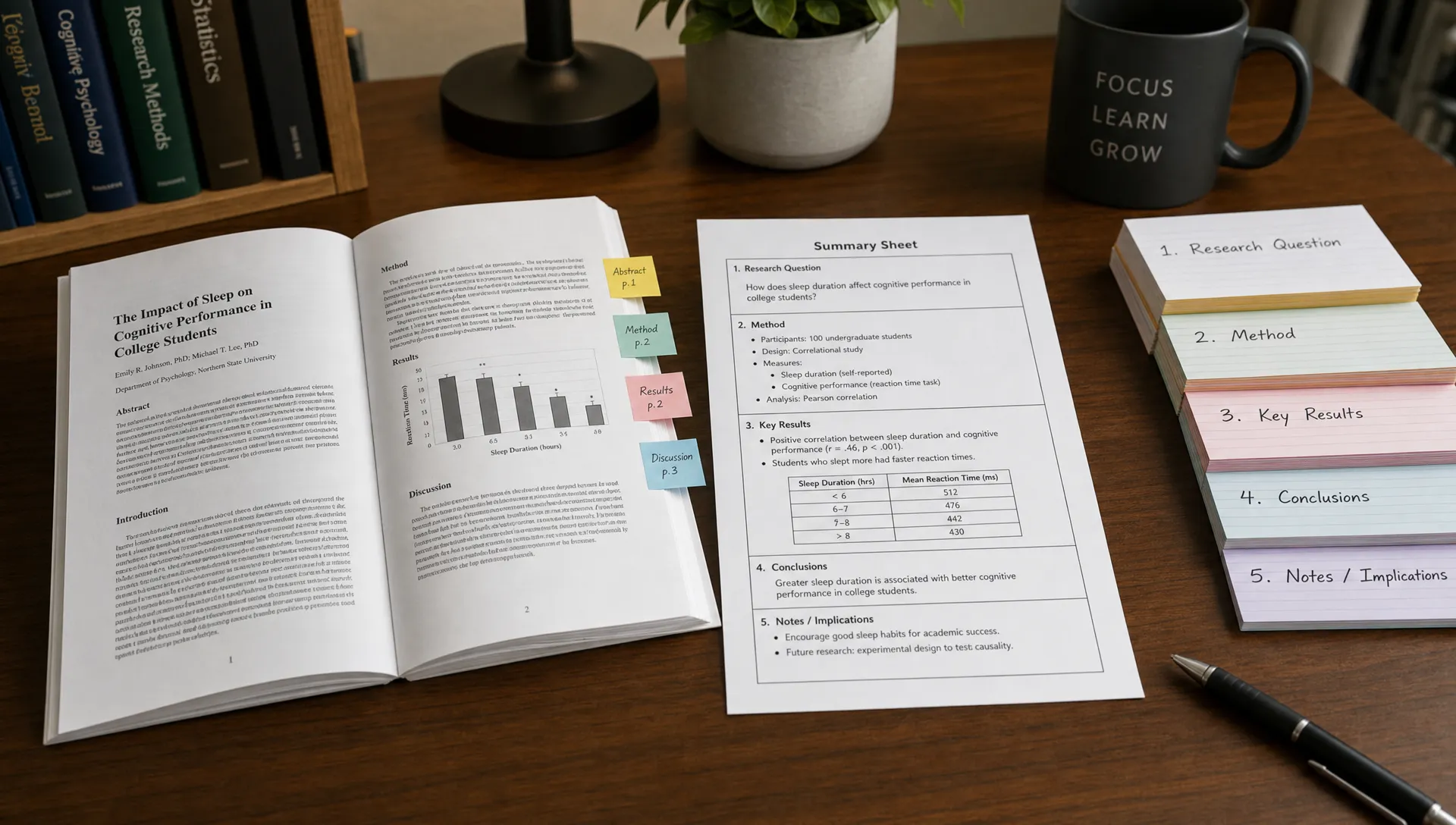 A landscape scene in a quiet study setting with a printed research paper laid open beside a neat one-page summary sheet and a small stack of note cards labeled with the paper’s core sections, while a pen rests nearby and a few reference tabs mark the original document; the composition should feel organized and analytical, showing the move from dense text to a clear reusable structure from a slight side angle.