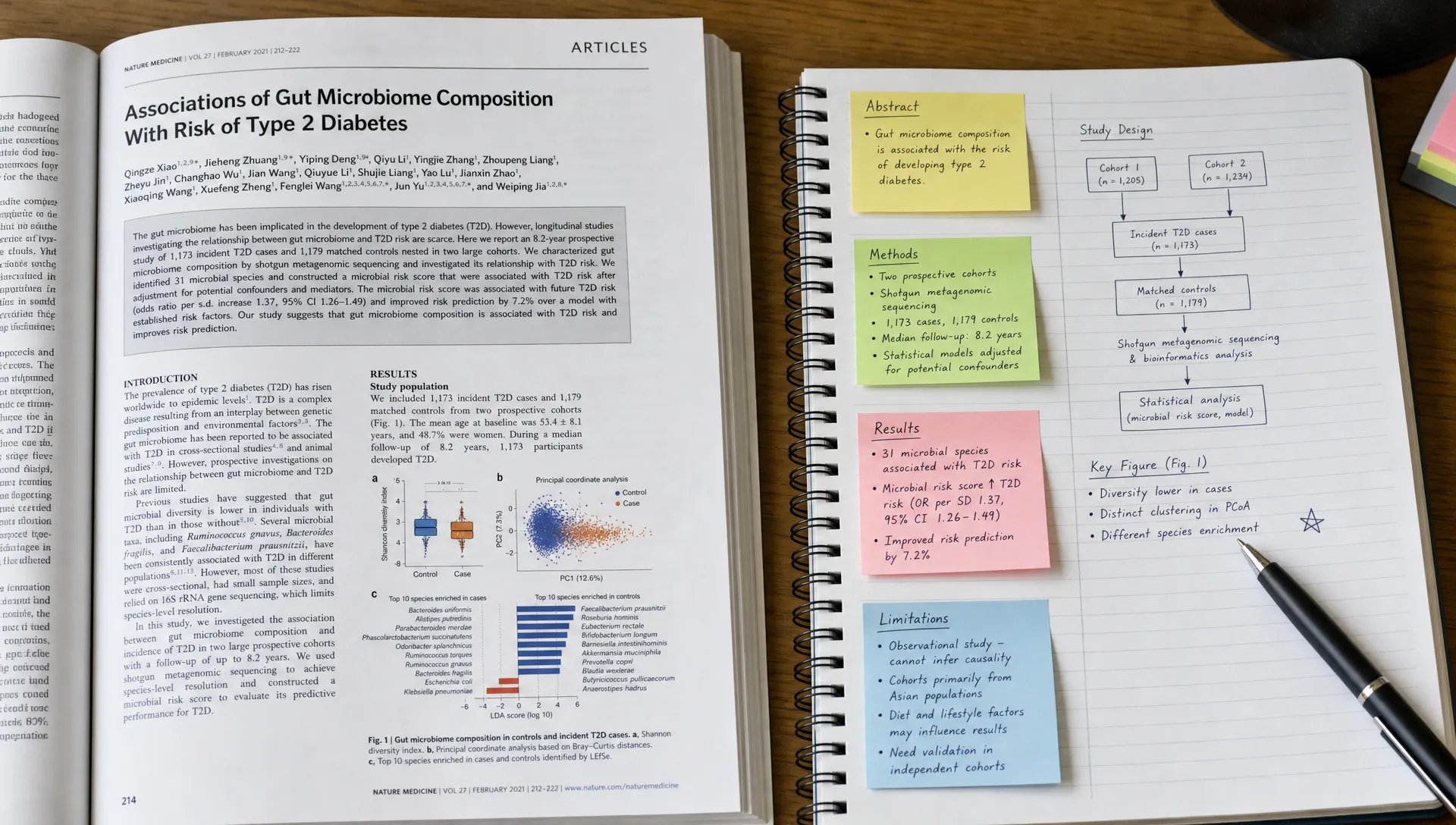 A printed scientific paper opened beside a notebook divided into clear sections, with color-coded sticky notes marking the abstract, methods, results, and limitations, plus a pen resting near a highlighted figure.