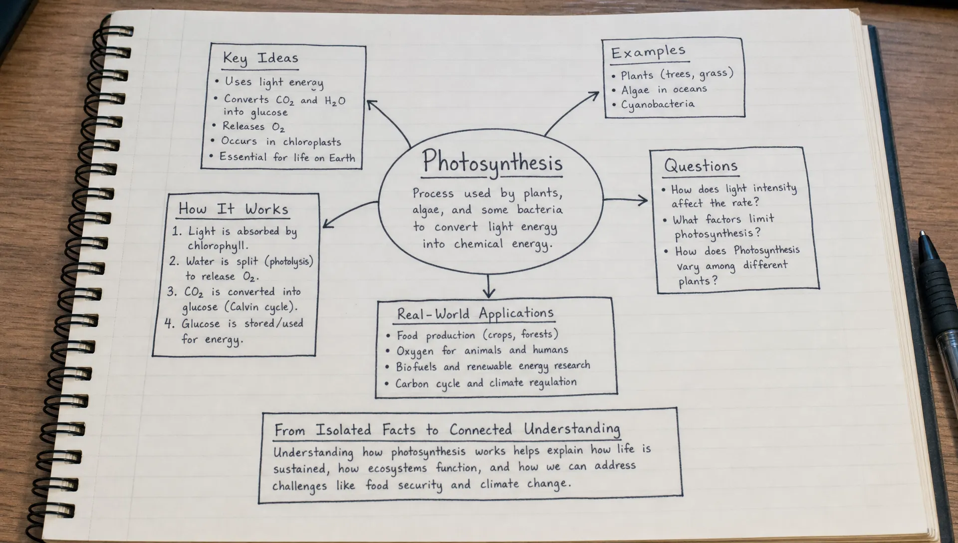 An open notebook page shows a central concept connected to smaller ideas with arrows, examples, questions, and real world applications, illustrating how isolated facts become connected understanding.