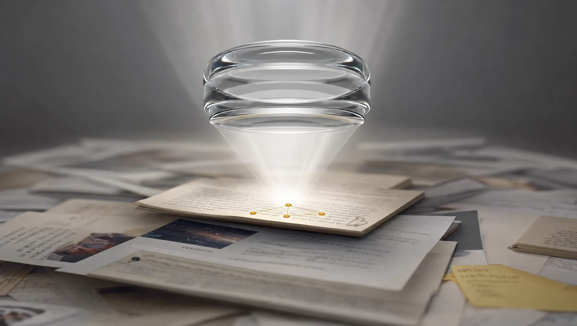A wide landscape conceptual scene of a transparent layered lens hovering above a stack of mixed source materials, with the lens bringing a small group of key ideas into crisp alignment while the surrounding pages remain diffuse; the frame suggests reframing dense material into clearer meaning, with no desk clutter dominating the scene.