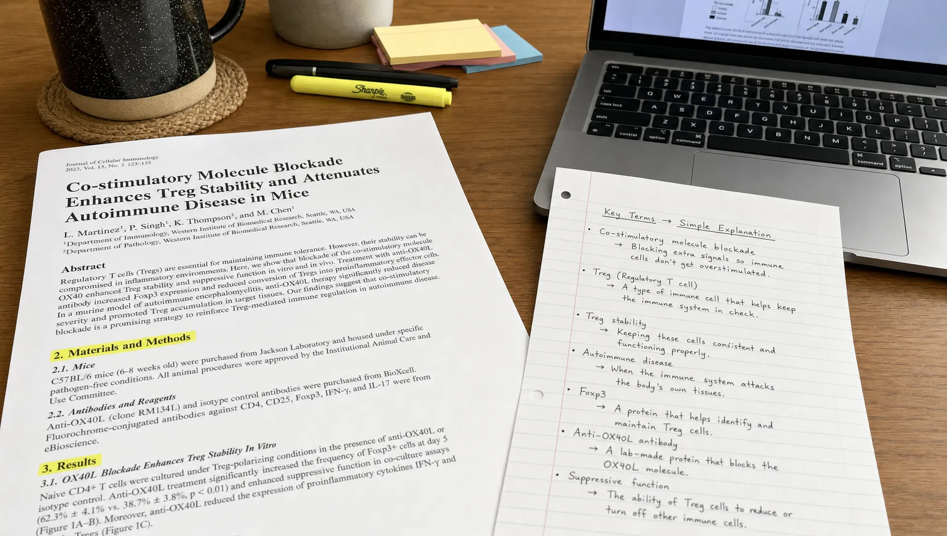 A desk with a printed scientific article, highlighted methods and results sections, handwritten notes translating technical terms into simple explanations, and a laptop open beside the paper.