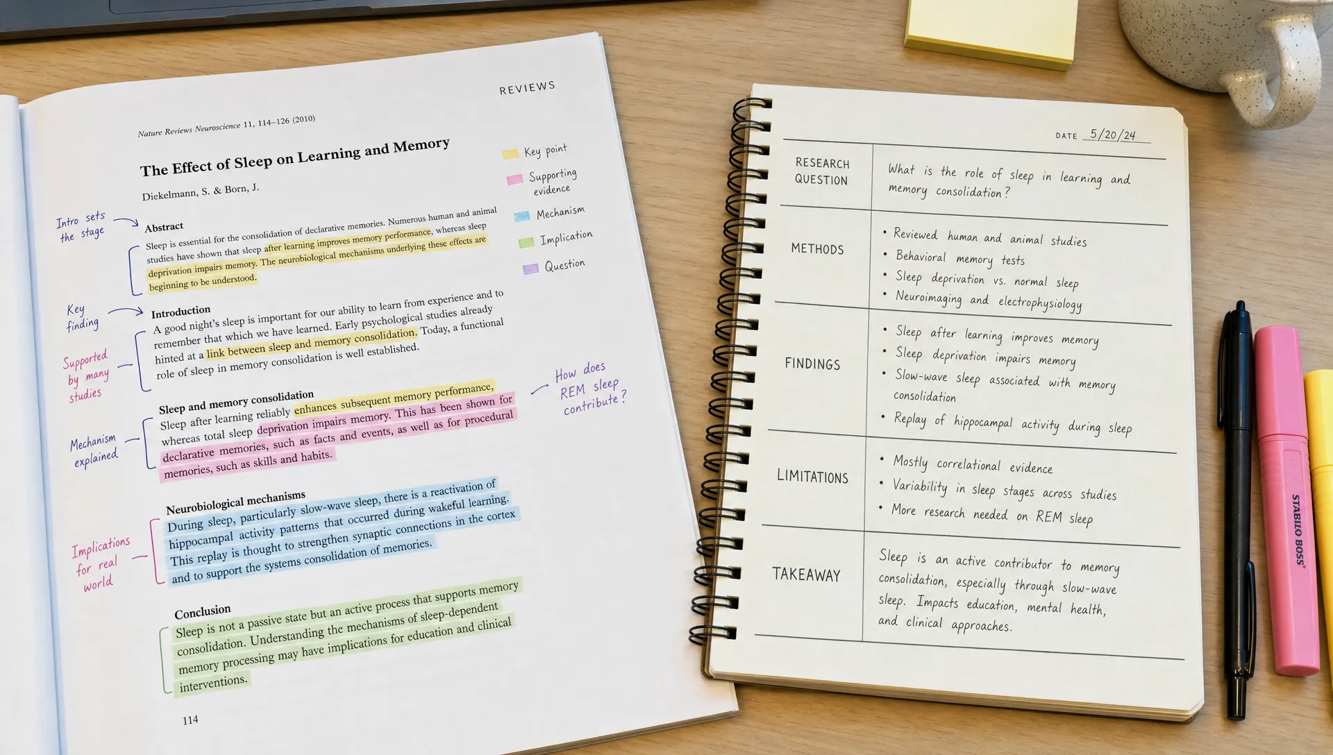 A printed journal article covered with neat color-coded annotations sits beside a notebook containing a structured summary template with sections for research question, methods, findings, limitations, and takeaway.