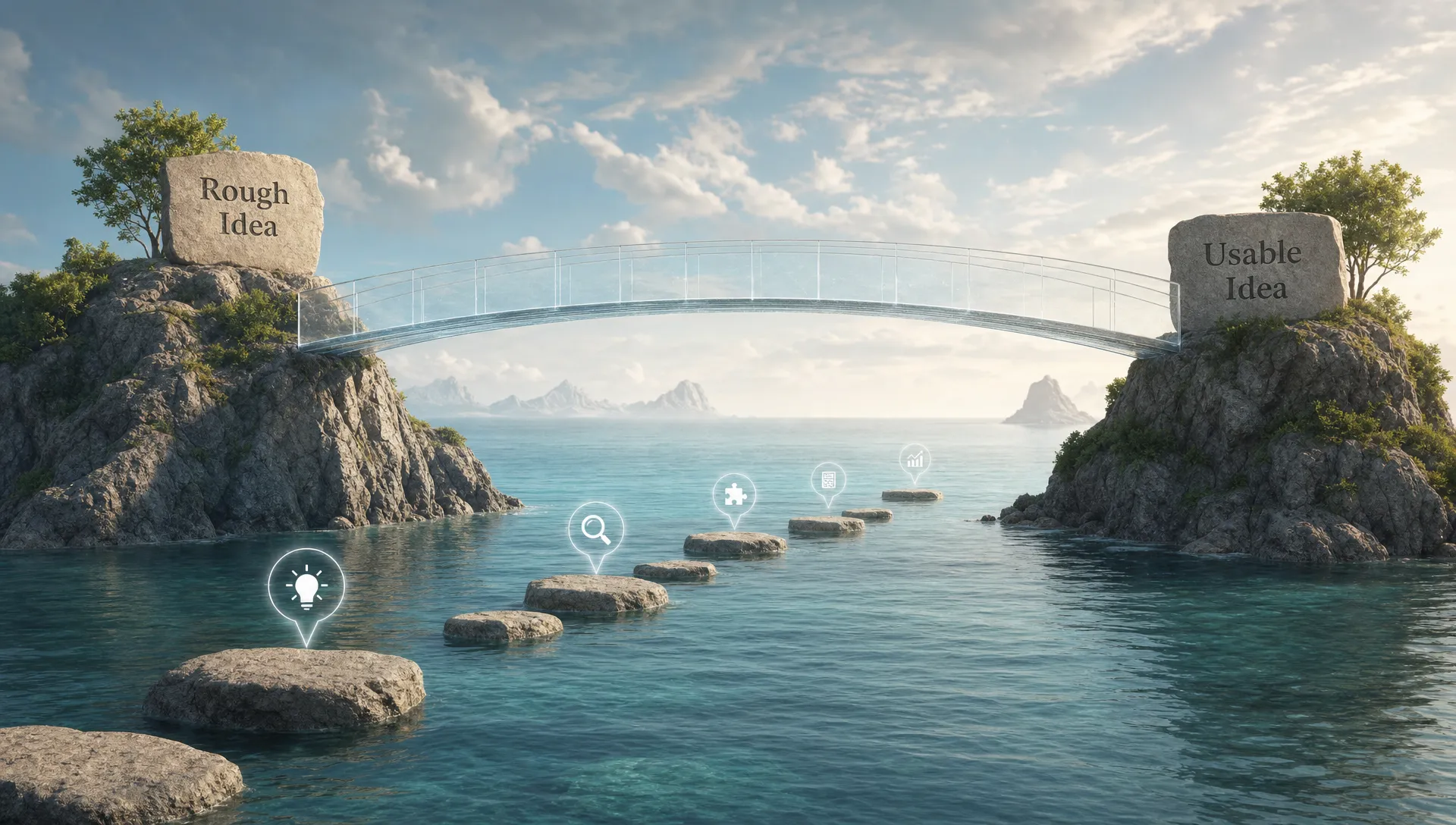 Landscape scene of a translucent bridge linking two islands labeled with rough idea and usable idea, with a few stepping stones and faint symbols of examples along the way. Quiet conceptual space, no desk, no person, wide composition.