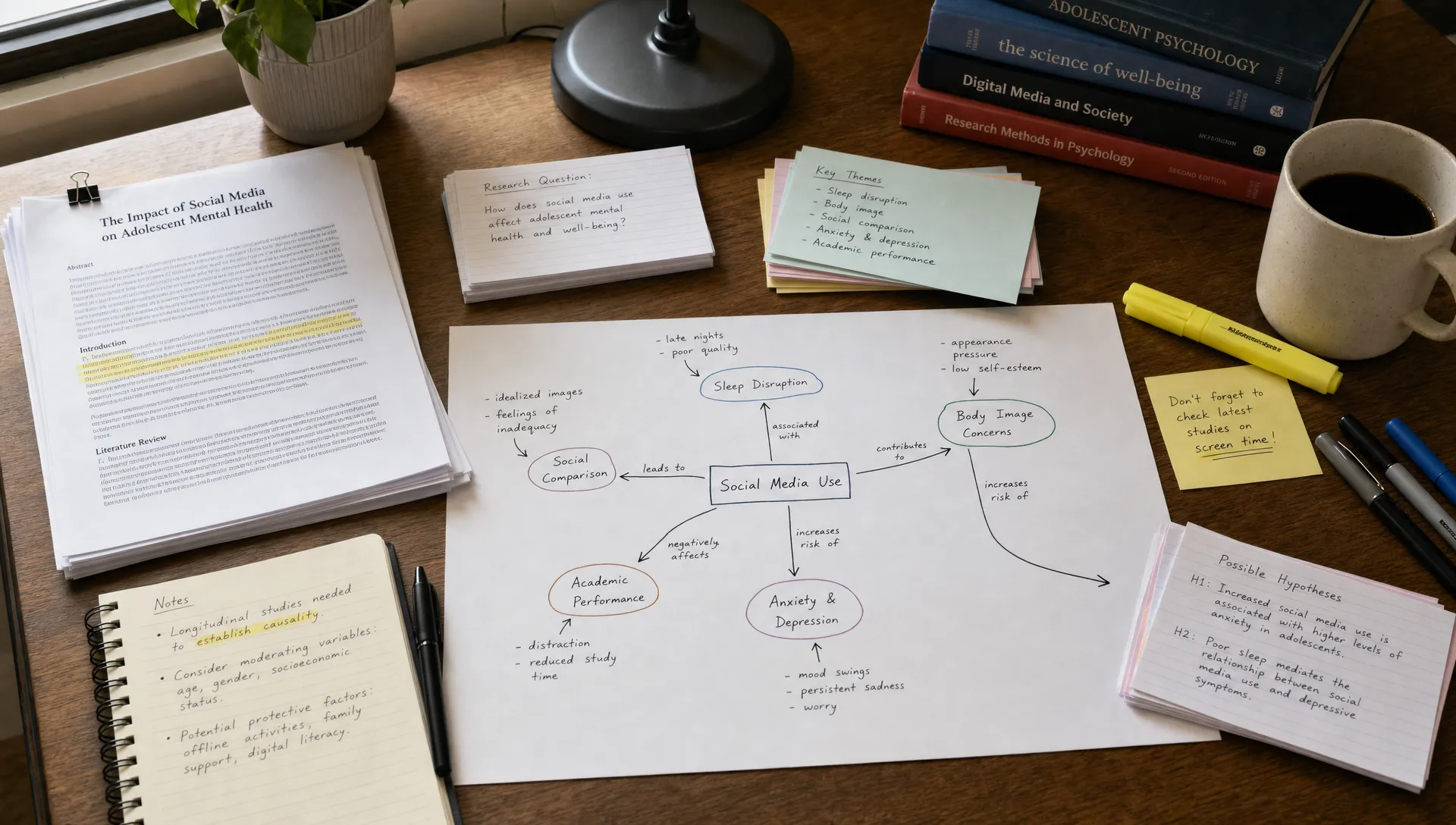 A research desk with printed papers, highlighted notes, index cards, and a hand-drawn concept map showing connected ideas with labeled arrows, arranged in a quiet indoor workspace.