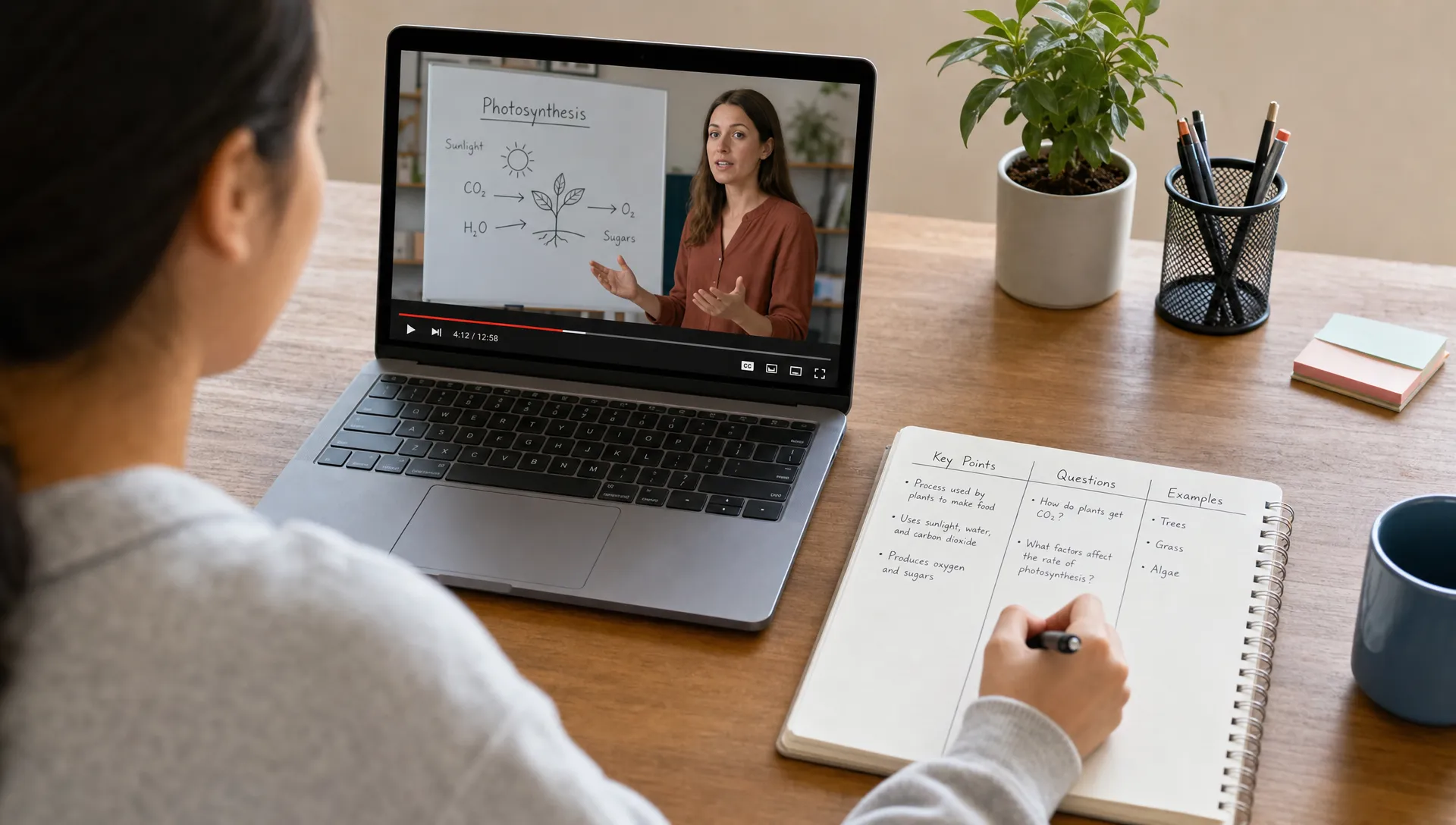 A learner watches an educational video on a laptop with a notebook beside it, organizing ideas into sections for key points, questions, and examples.