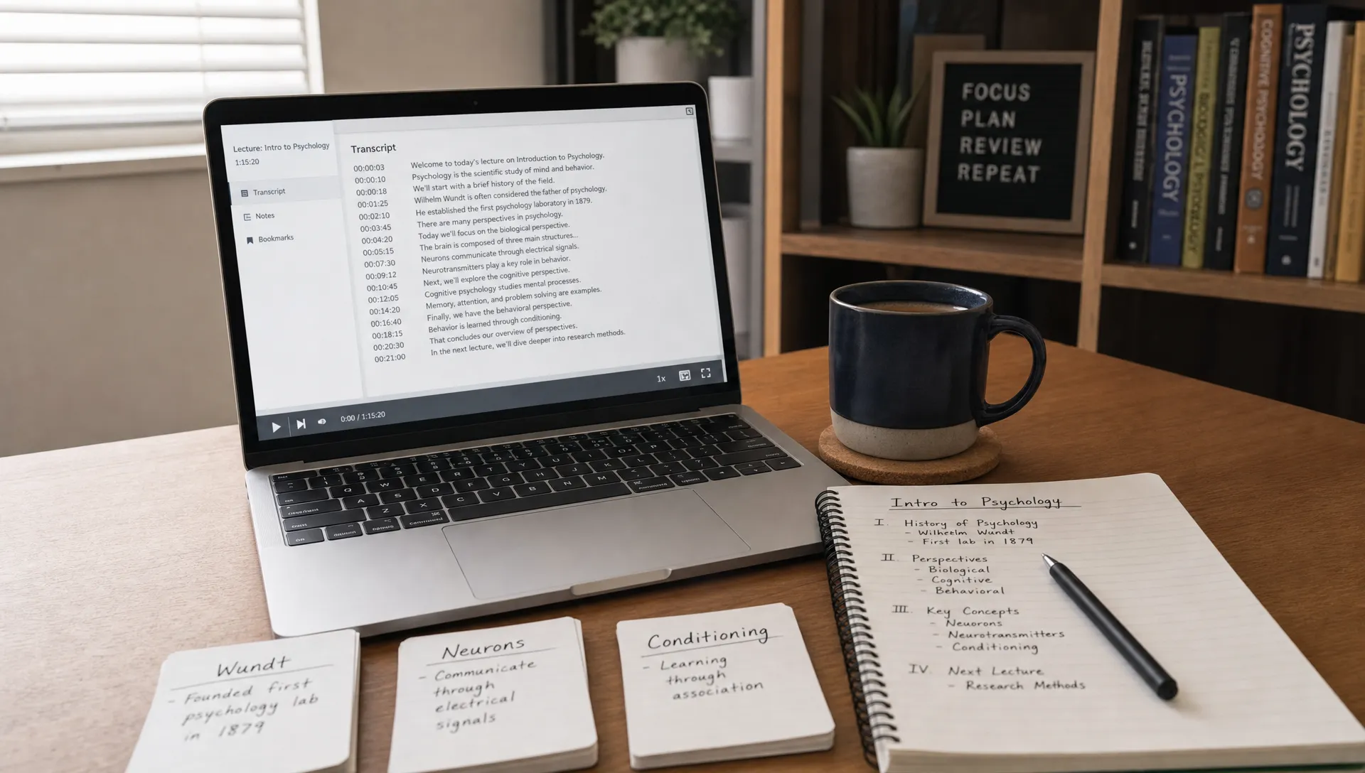 Landscape wide view of a quiet home study corner with a laptop open to a lecture transcript, a notebook with section headings, a mug, and a few flashcards laid out for review; the room itself establishes a focused routine for turning a long video into usable notes, with no one at the table.