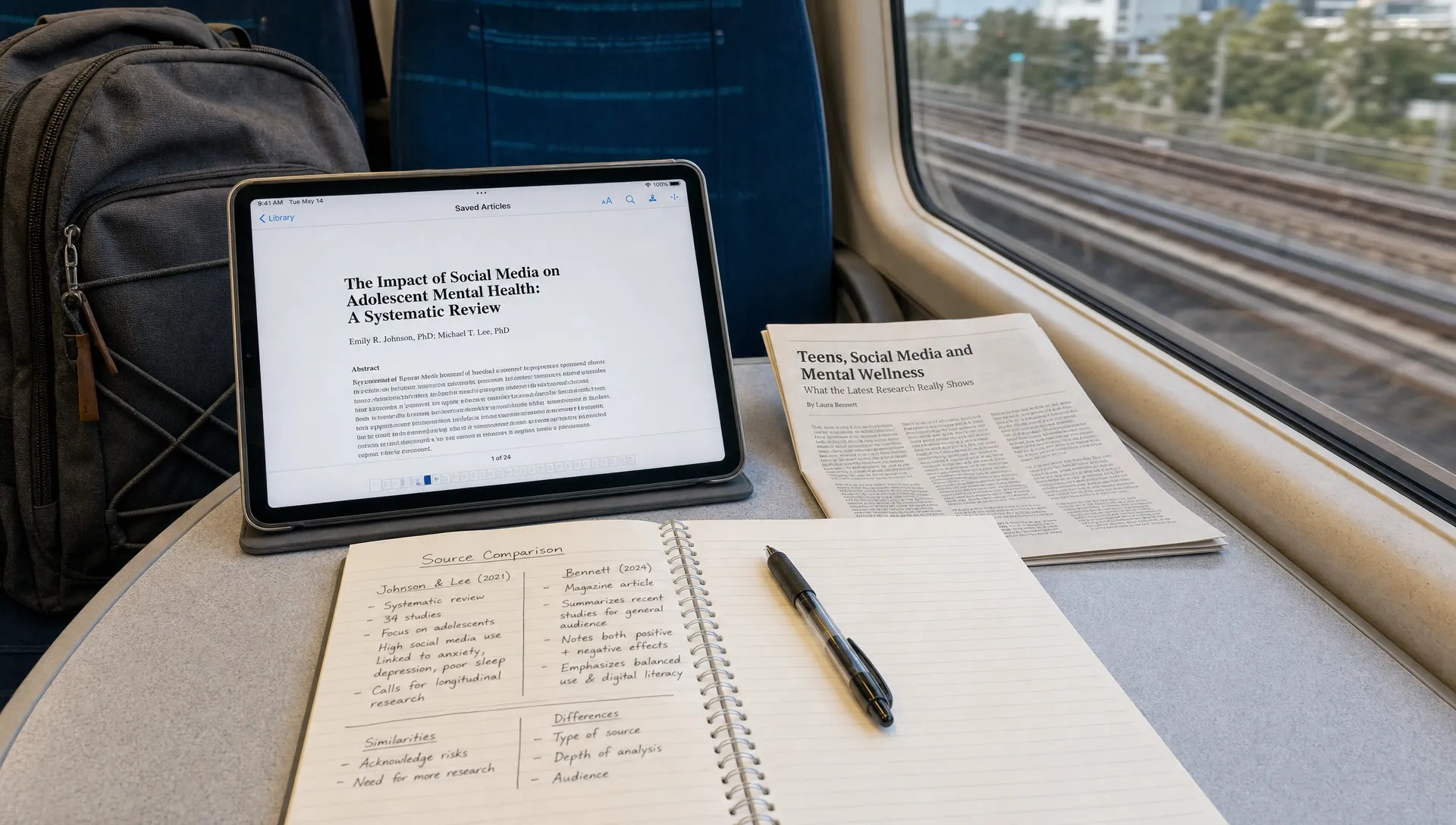 Landscape medium-wide scene of a commuter train table with a student’s backpack, a tablet showing a saved paper, a folded article printout, and a notebook open to comparison notes. The everyday setting shows source comparison happening outside the office or library, with practical study materials arranged for a short reading session.