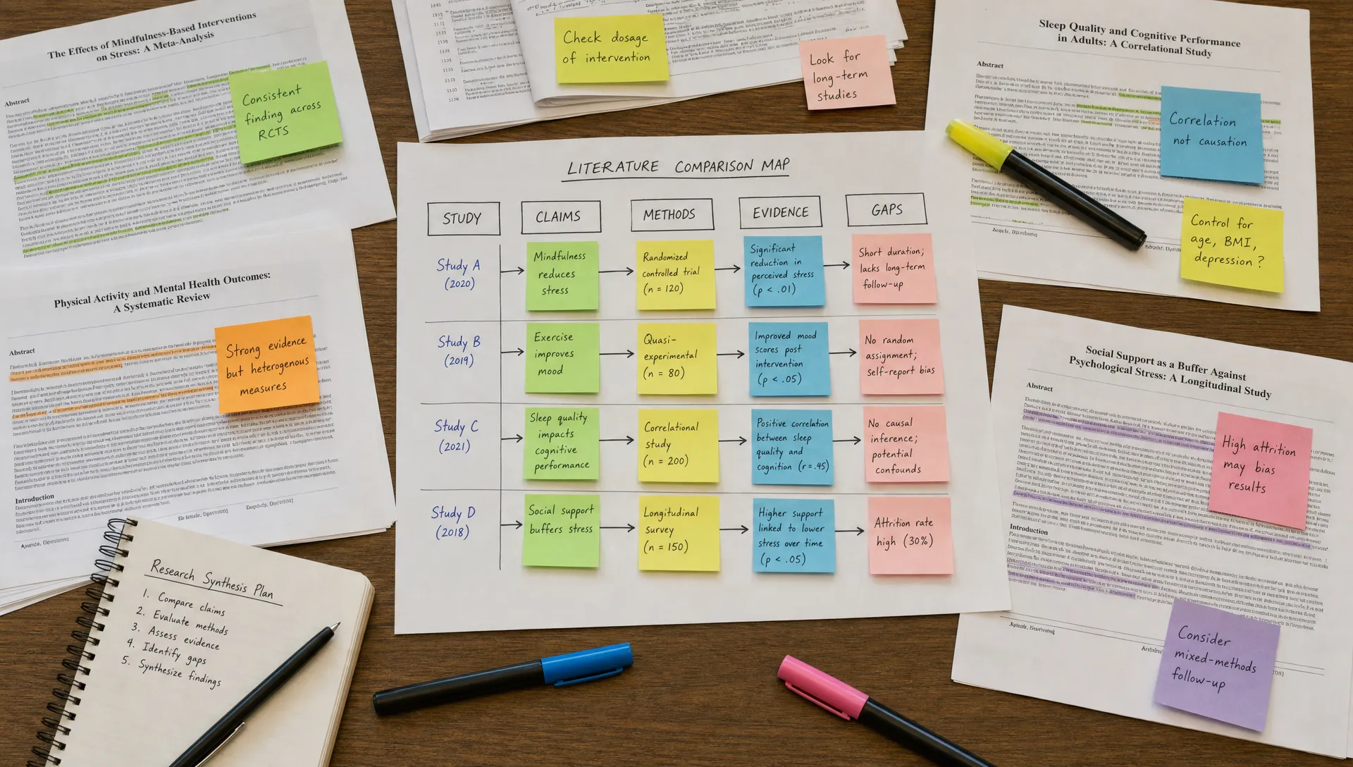 Several printed research papers, sticky notes, and highlighted passages surround a comparison map that links claims, methods, evidence, and gaps.