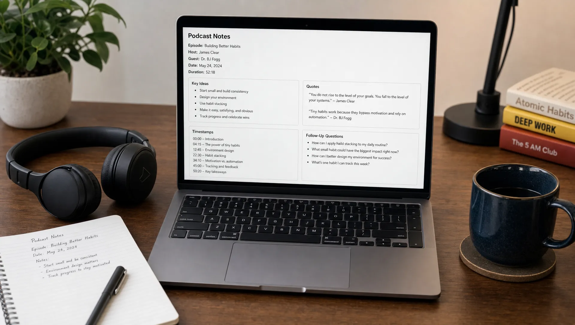 A desk with headphones, a notebook page, and a laptop screen facing the camera showing organized podcast notes with sections for key ideas, quotes, timestamps, and follow-up questions, in a quiet indoor workspace.