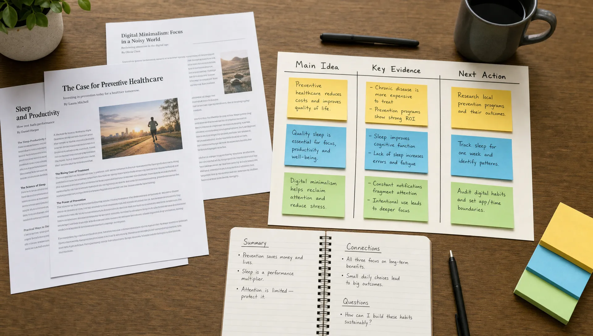 A clean table holds printed articles, a notebook and sticky notes mapping main idea, key evidence and next action.