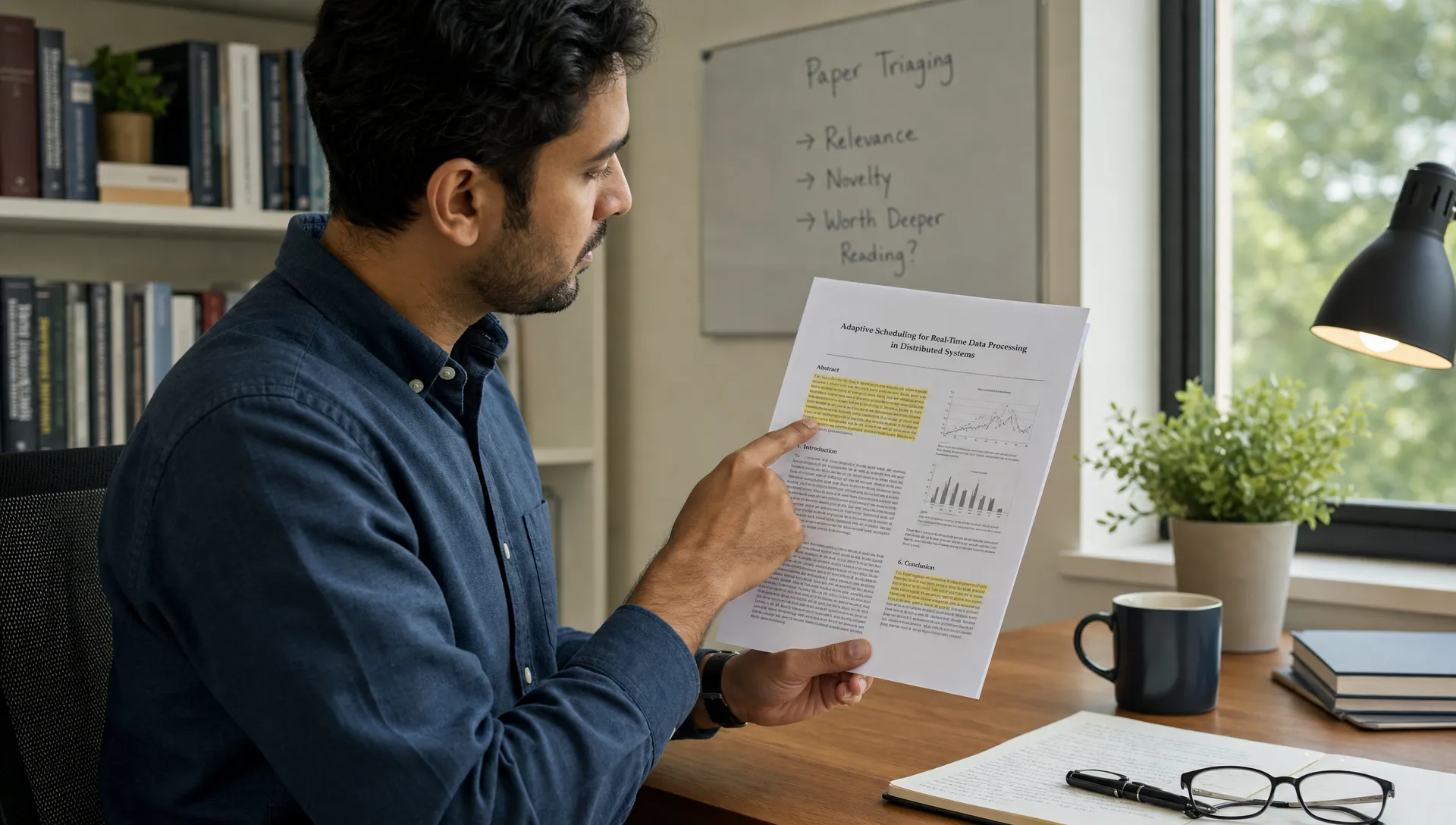 Landscape medium shot of a researcher standing at a desk in a calm office, holding a printed paper while pointing to a highlighted abstract and conclusion on the page, with a notebook and glasses nearby. The moment should suggest deciding whether the paper needs deeper reading, not full mastery.