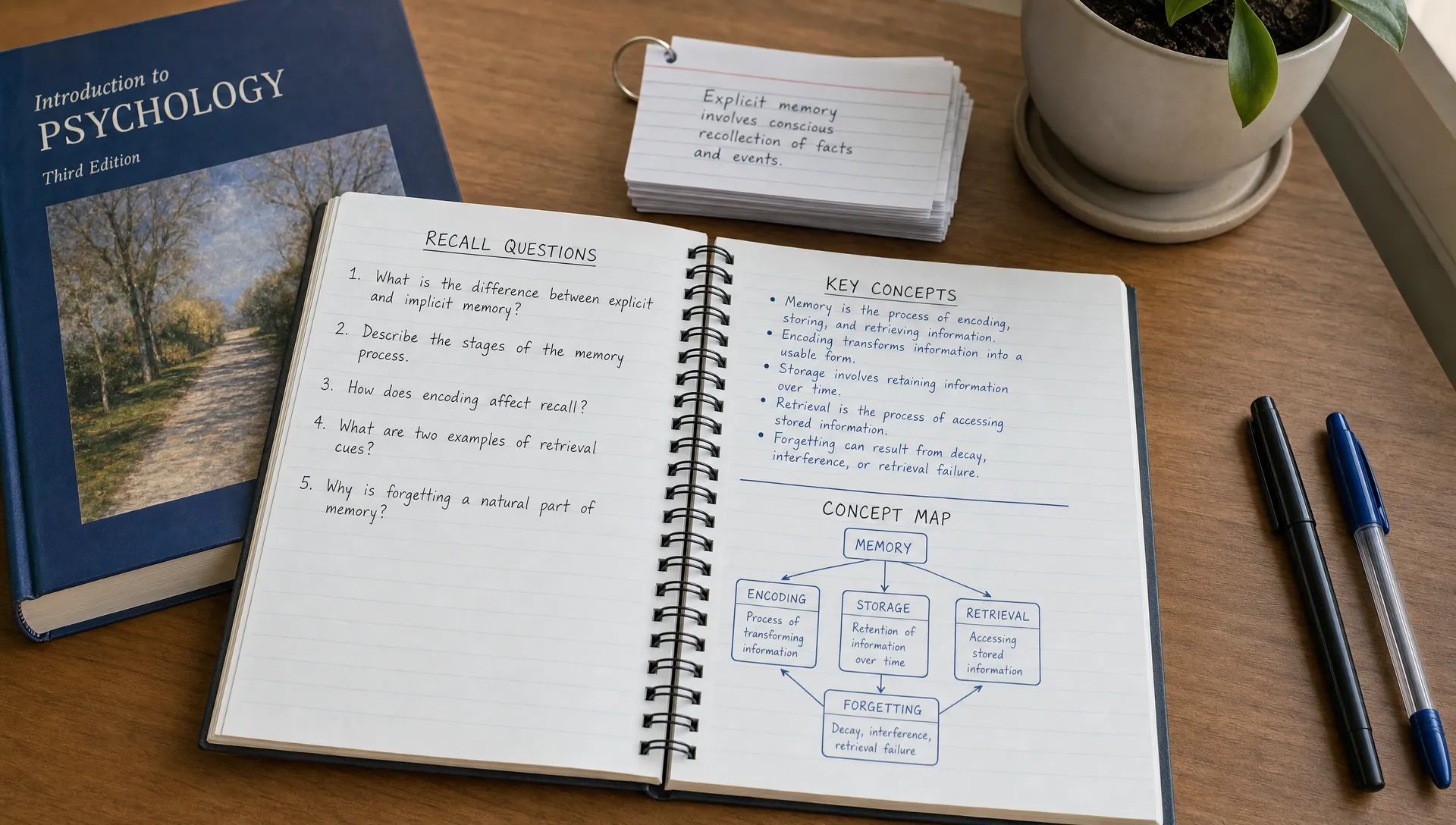 An open notebook shows recall questions, key concepts, and a small concept map, with flashcards and a textbook nearby on a quiet indoor desk.