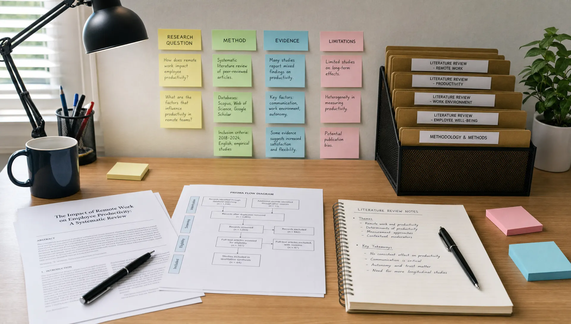 A neat research workspace with printed academic papers, a notebook, sticky notes grouped by research question, method, evidence and limitations, and organized folders for a literature review.
