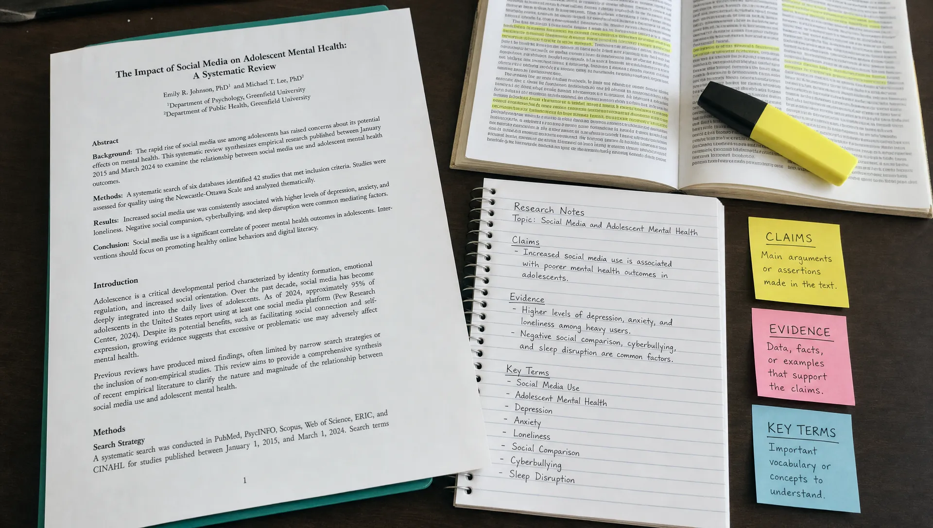 A desk with a printed research paper, a highlighted article, a notebook, and sticky notes for claims, evidence, and key terms.