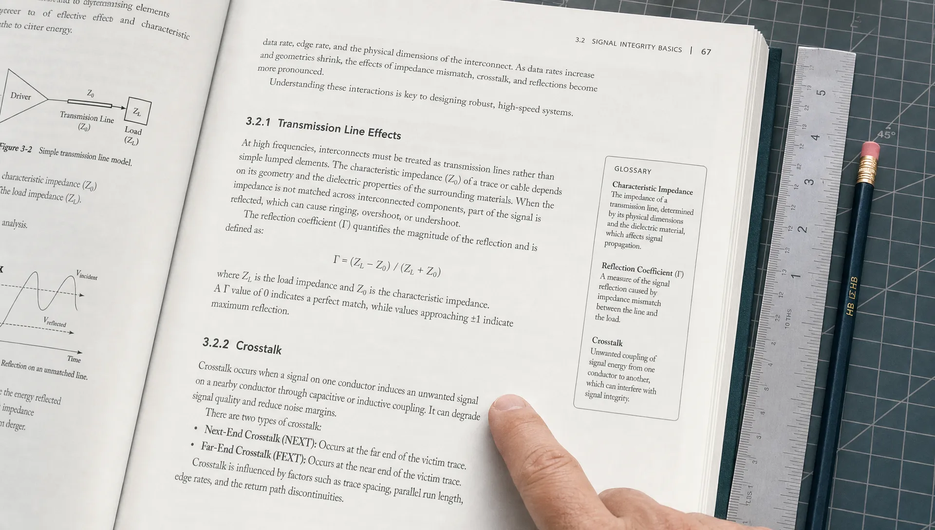 Landscape close-up at overhead angle of an open technical manual on a desk, with a finger tracing a dense paragraph beside a glossary note, a ruler, and a pencil tucked along the page edge. The paper texture, section headings, and margin marks are the hero elements, with the rest of the workspace softly receding in a quiet indoor setting.