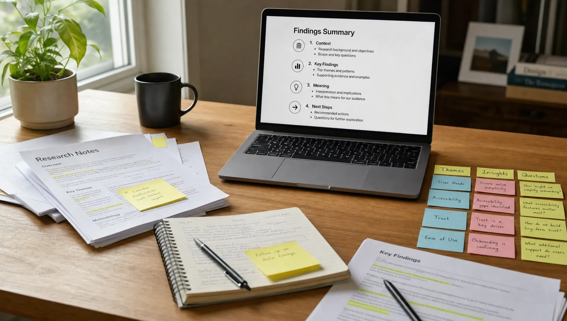 A side-angle desk scene with printed research notes, highlighted documents, sticky notes grouped by theme, and a laptop facing the camera with a simple findings summary outline showing context, key findings, meaning, and next steps.