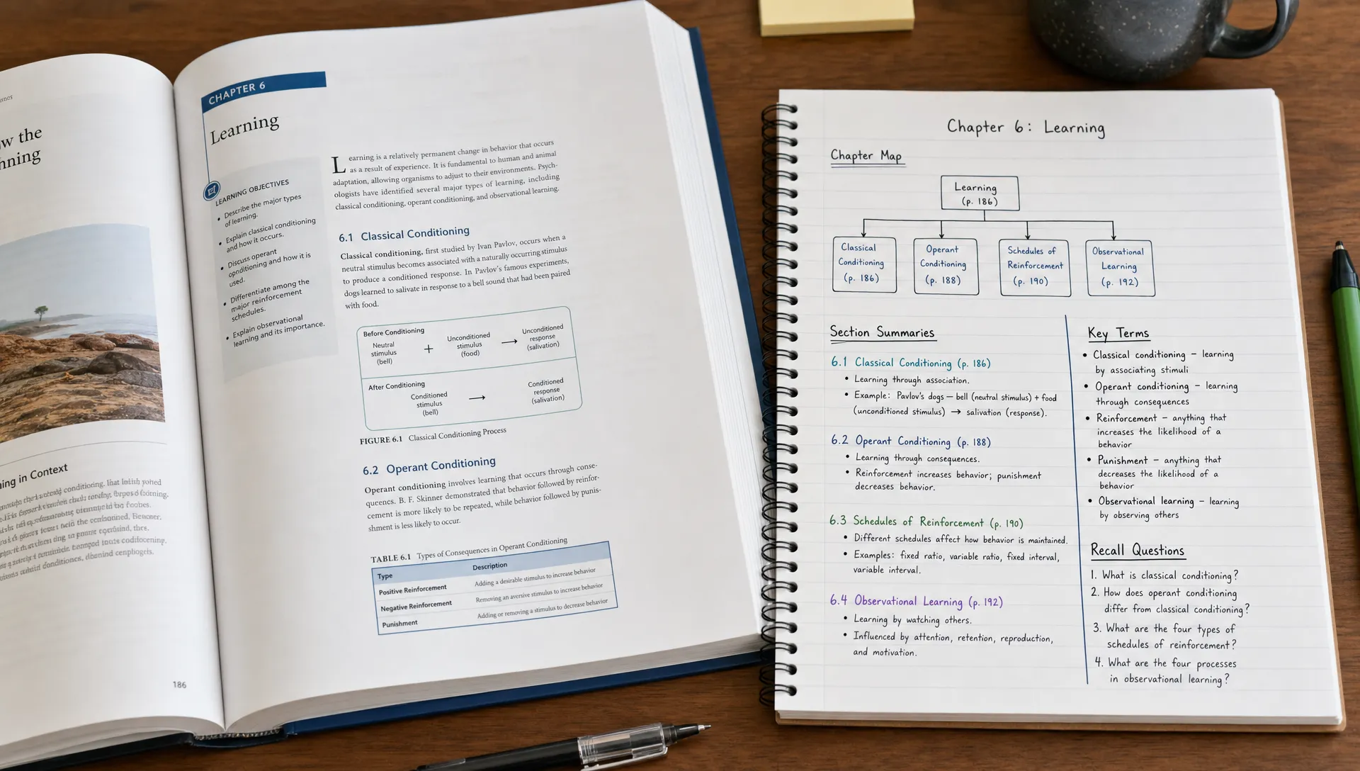 An open textbook on a desk beside a notebook with a concise chapter map, short section summaries, key terms, and recall questions organized clearly for studying.