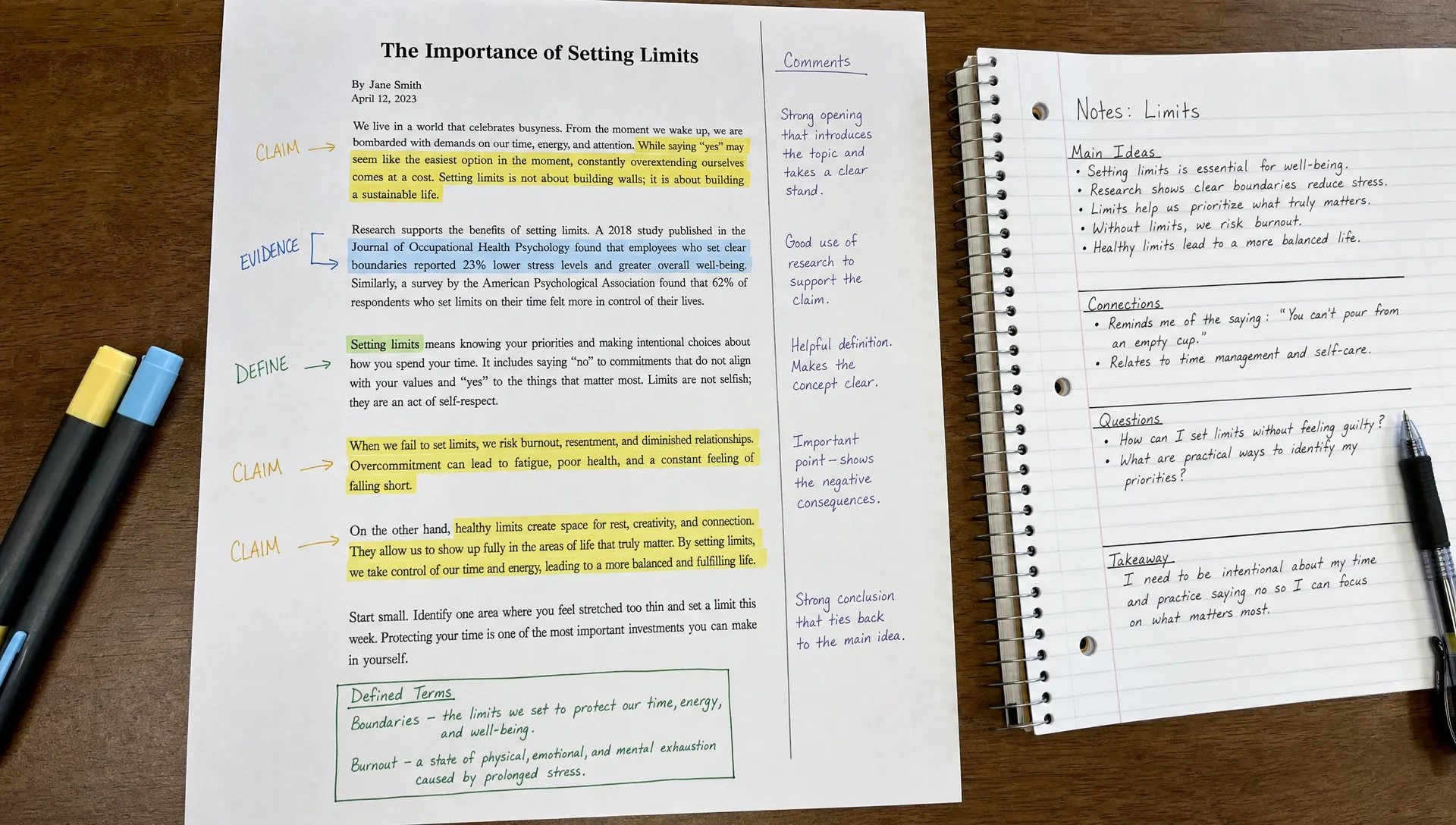 A printed article page with highlighted claims, evidence notes, defined terms, and margin comments about limits beside a notebook.