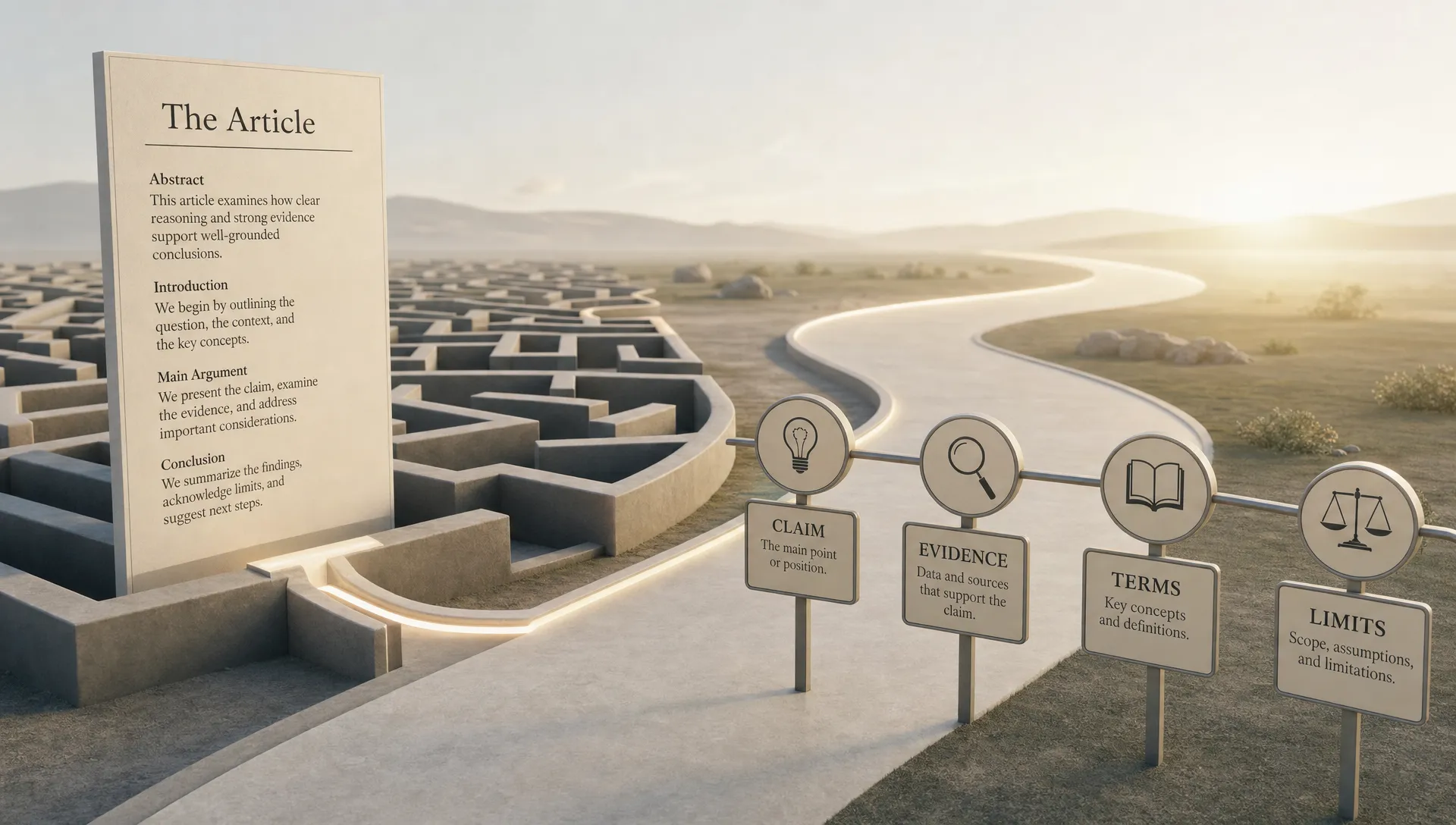 Wide landscape conceptual scene of a dense article visualized as a maze-like path that opens into a clear route, with a central article page at one end and a small set of connected signposts for claim, evidence, terms, and limits guiding the way through a quiet conceptual space; no desk clutter or people, and the composition should feel orderly and analytical.