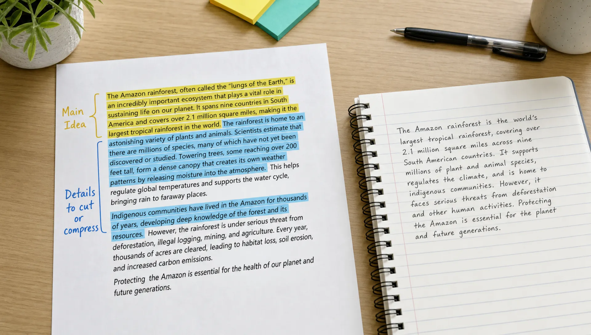 A desk with a printed paragraph marked in two colors, one color highlighting the main idea and another marking details to cut or compress. A notebook nearby shows a shorter rewritten version of the same paragraph.