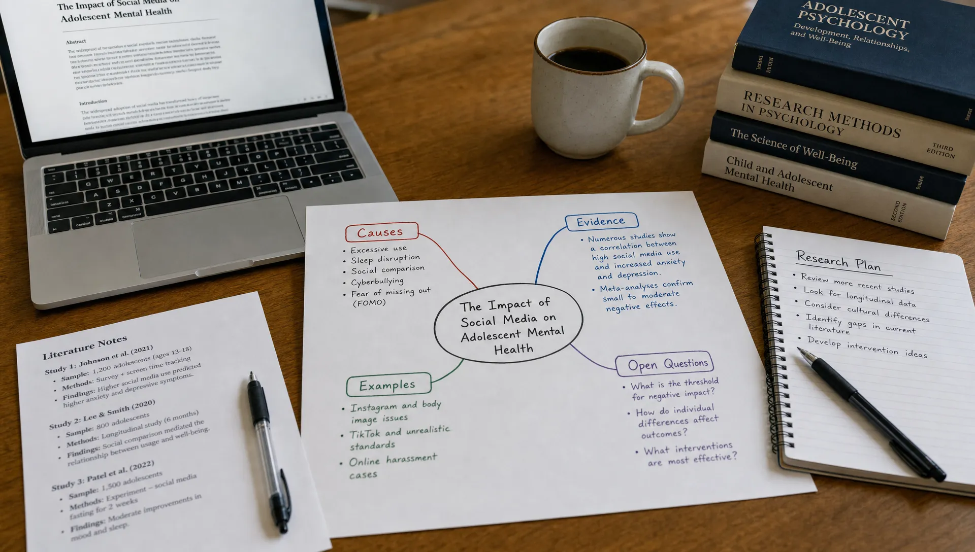 A desk with printed research notes, a laptop, and a semantic map showing a central topic connected to causes, evidence, examples, and open questions.