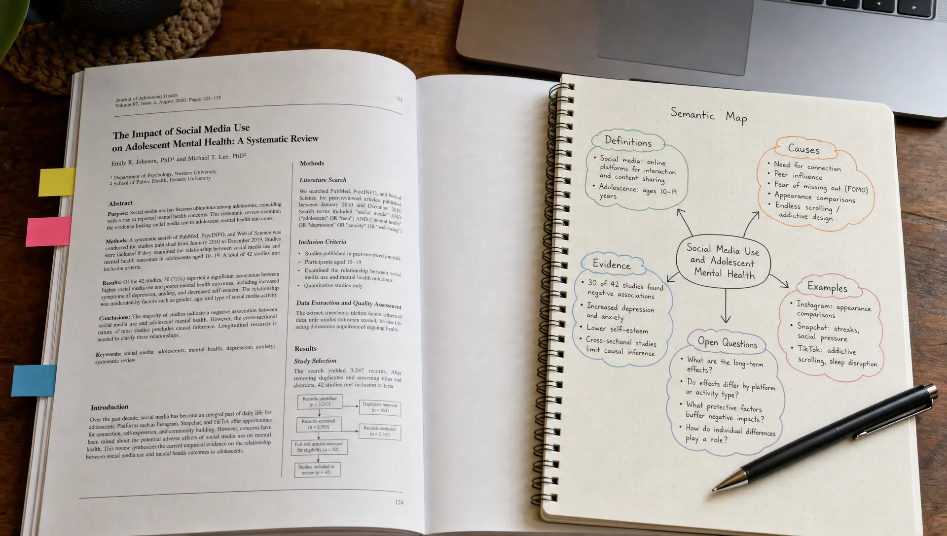 Landscape close-up inside a quiet study space of an open research paper and a semantic map notebook page beside it, with hand-drawn clusters for definitions, causes, evidence, examples, and open questions. A pen, sticky tabs, and the edge of a laptop sit naturally in frame, with the paper and notes as the hero elements.