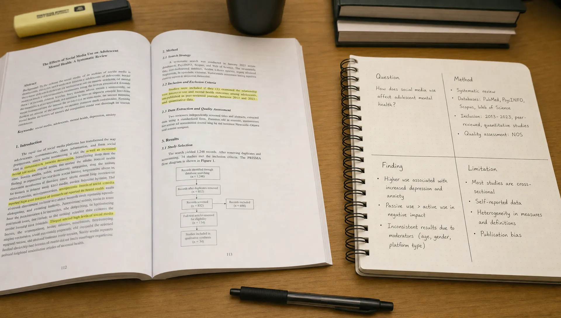 A close-up desk scene with an open research paper, a notebook divided into sections for question, method, finding, and limitation, plus a pen and highlighted passages.