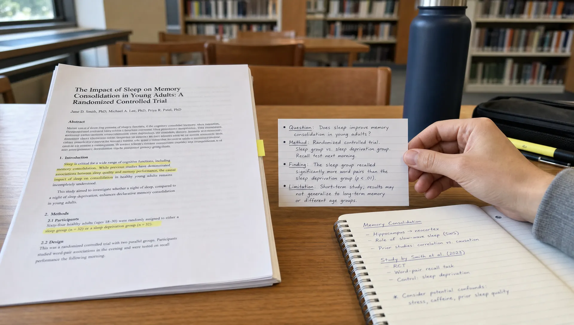 A landscape scene in a quiet library table setting with a printed research article, a notebook, and a hand placing a small summary card beside a highlighted page; the card shows a few concise bullet points that reflect question, method, finding, and limitation, with the paper and notes arranged in a clear side-by-side layout from a slight eye-level angle.