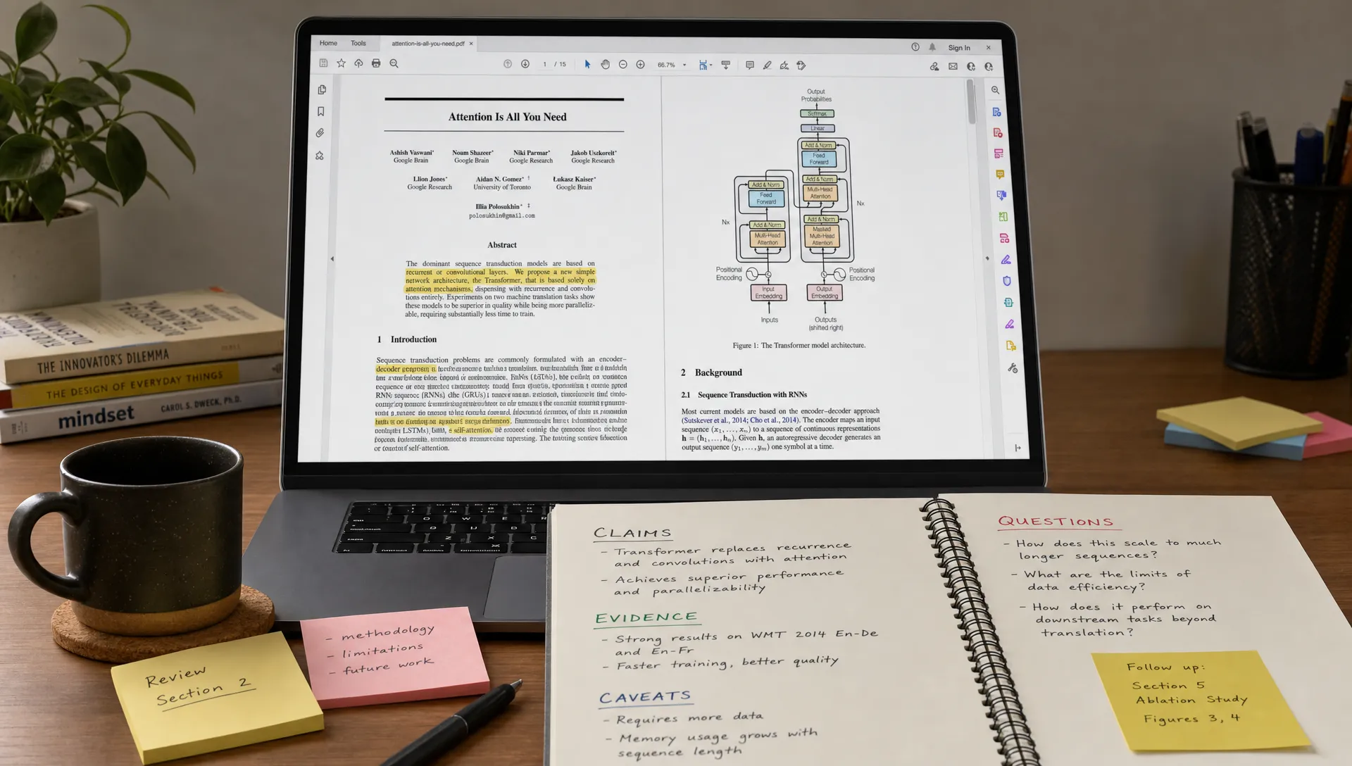 A desk with an open PDF document, highlighted sections, sticky notes, and a notebook showing extracted ideas such as claims, evidence, caveats, and questions, arranged in a quiet indoor workspace with the document pages facing the camera.